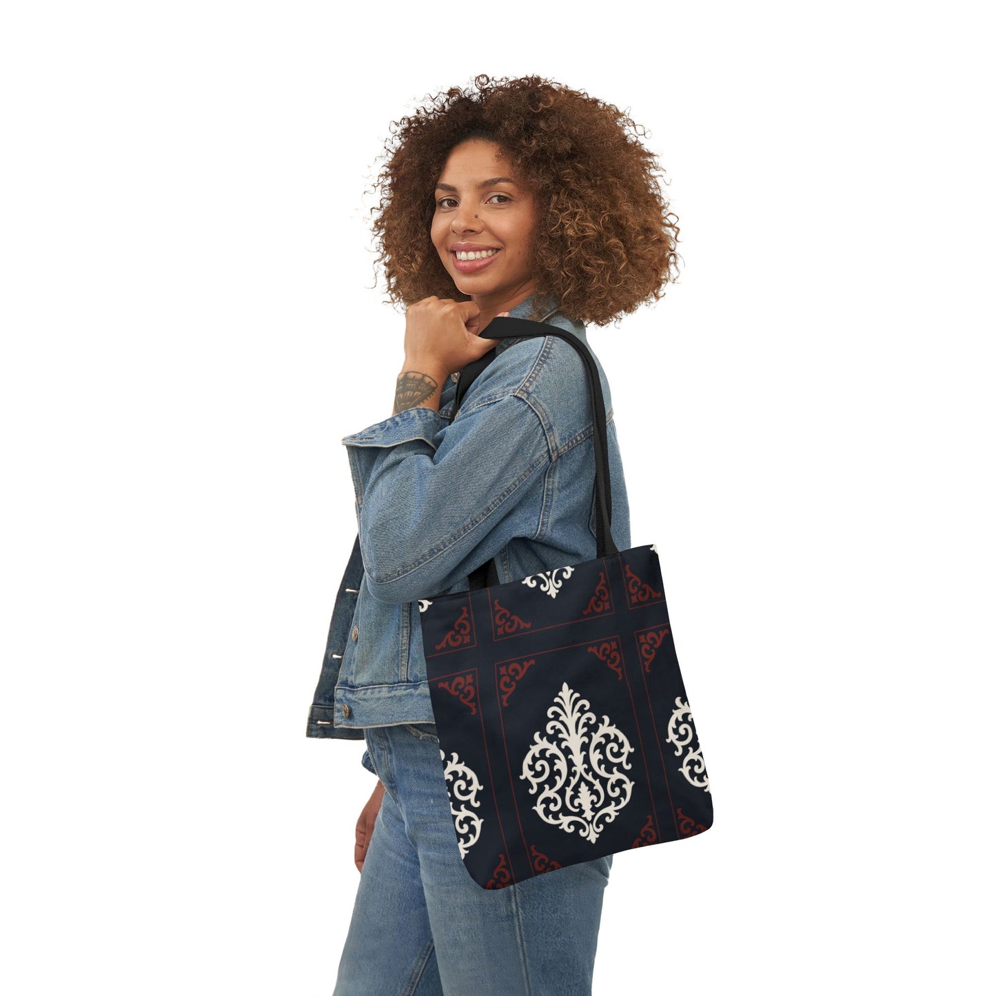 Dusk Blue-Maroon & White Baroque Pattern Canvas Tote Bag — Elegant Dusk Blue & White Reusable Market Bag