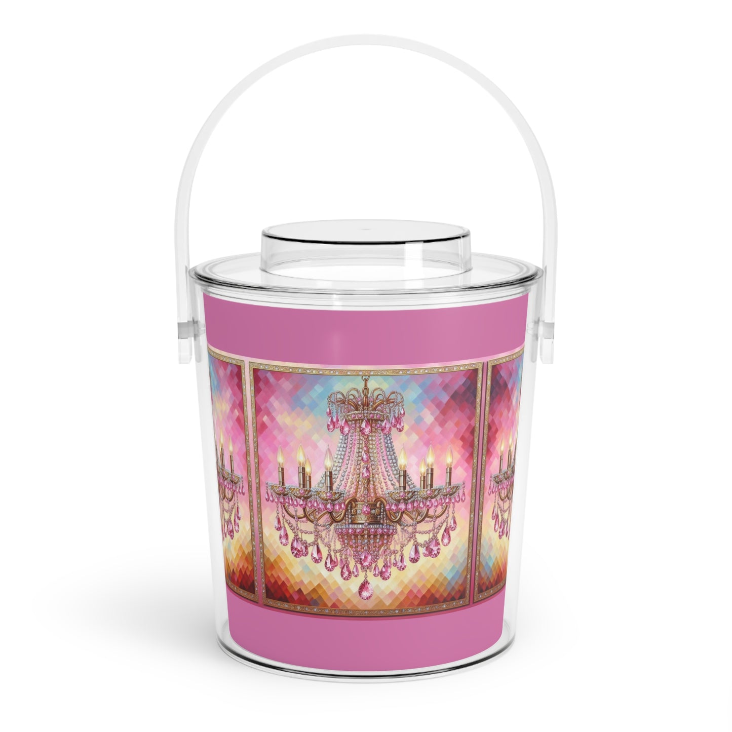 Chic Ice Bucket with Tongs, Elegant Barware for Parties, Glamour Gift for Celebrations, Decorative Beverage Cooler - Pink Jeweled Chandelier