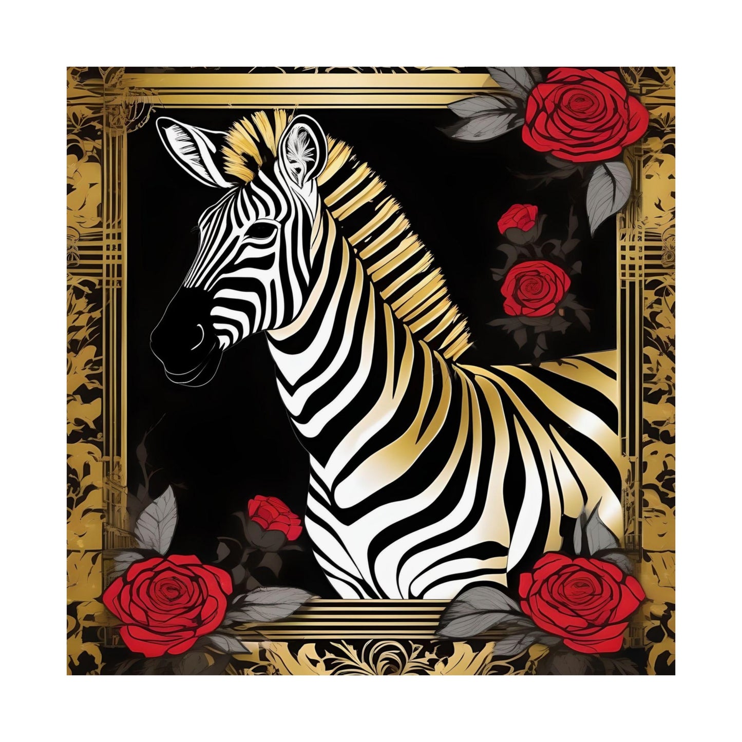 Floral Art Poster - Elegant Matte Vertical Wall Decor - Zebra With Roses