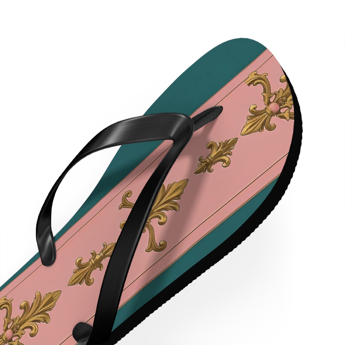 Chic Floral Flip Flops, Summer Sandals, Beach Footwear, Vacation Slides, Stylish Summer Accessories - Pink & Teal Striped Gold Baroque