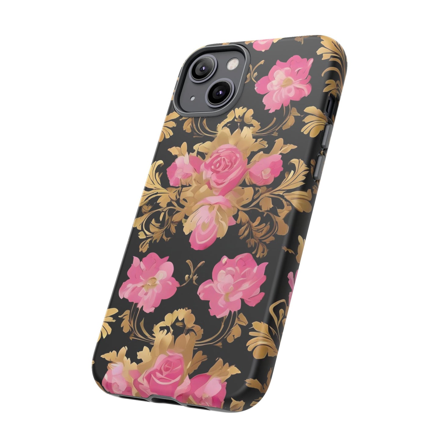 Elegant Floral Motif Phone Case - Tough Cases with Vintage Design - Pink & Gold Roses