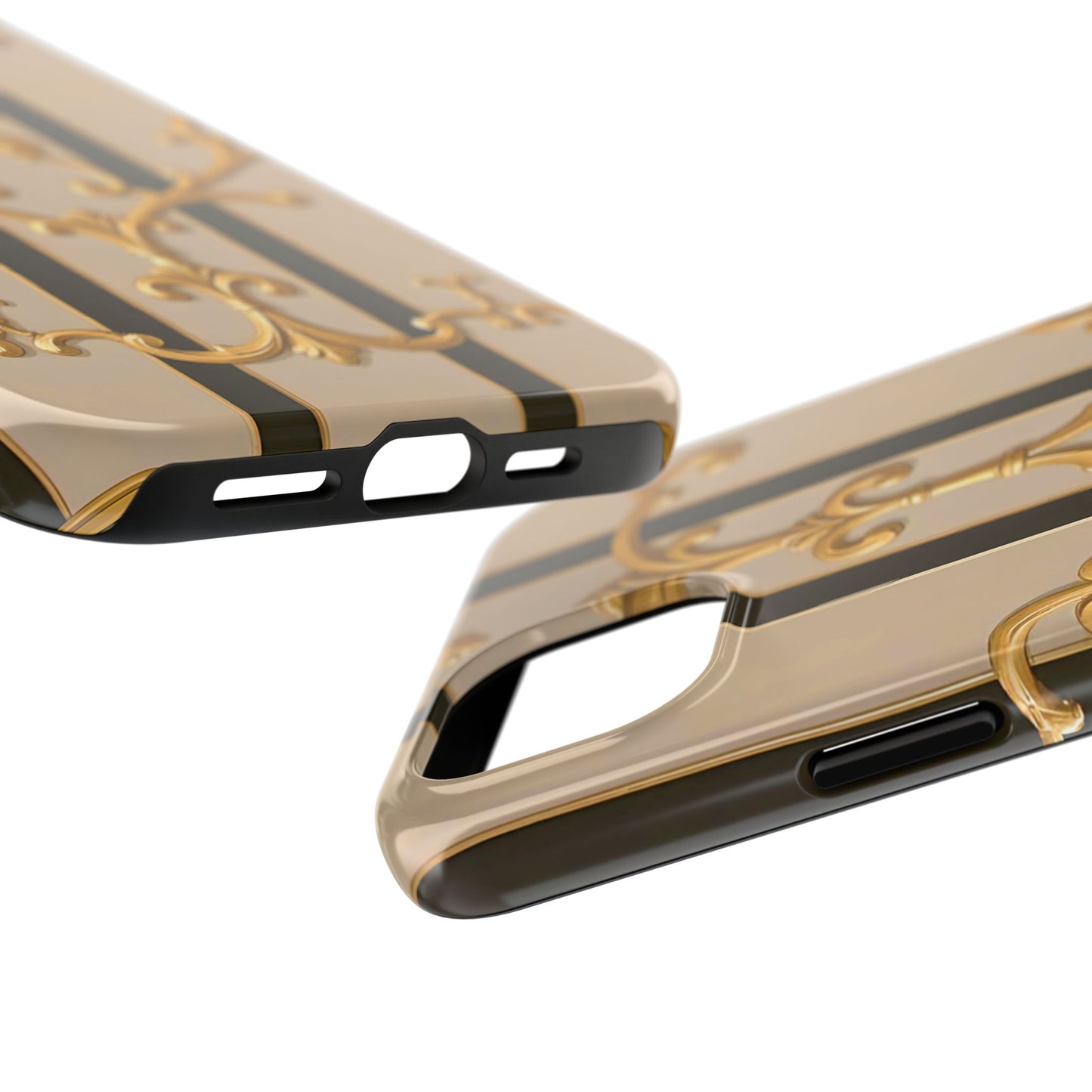 Elegant Vintage Tough Phone Case, Stylish Phone Cover, Boho Accessories, Perfect Gift for Her - Beige Striped Gold Rococo