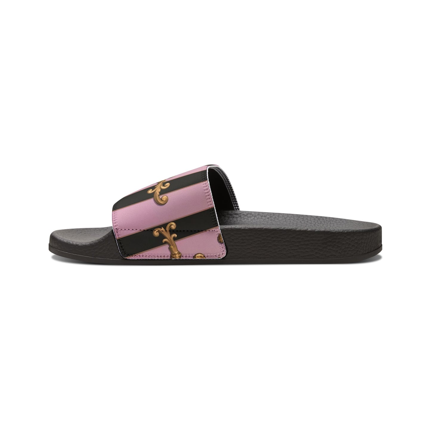 Chic Women's Slide Sandals, Stylish Summer Footwear, Beachwear, Poolside Chic, Vacation Essentials - Matte Lavender & Black Striped Gold Baroque