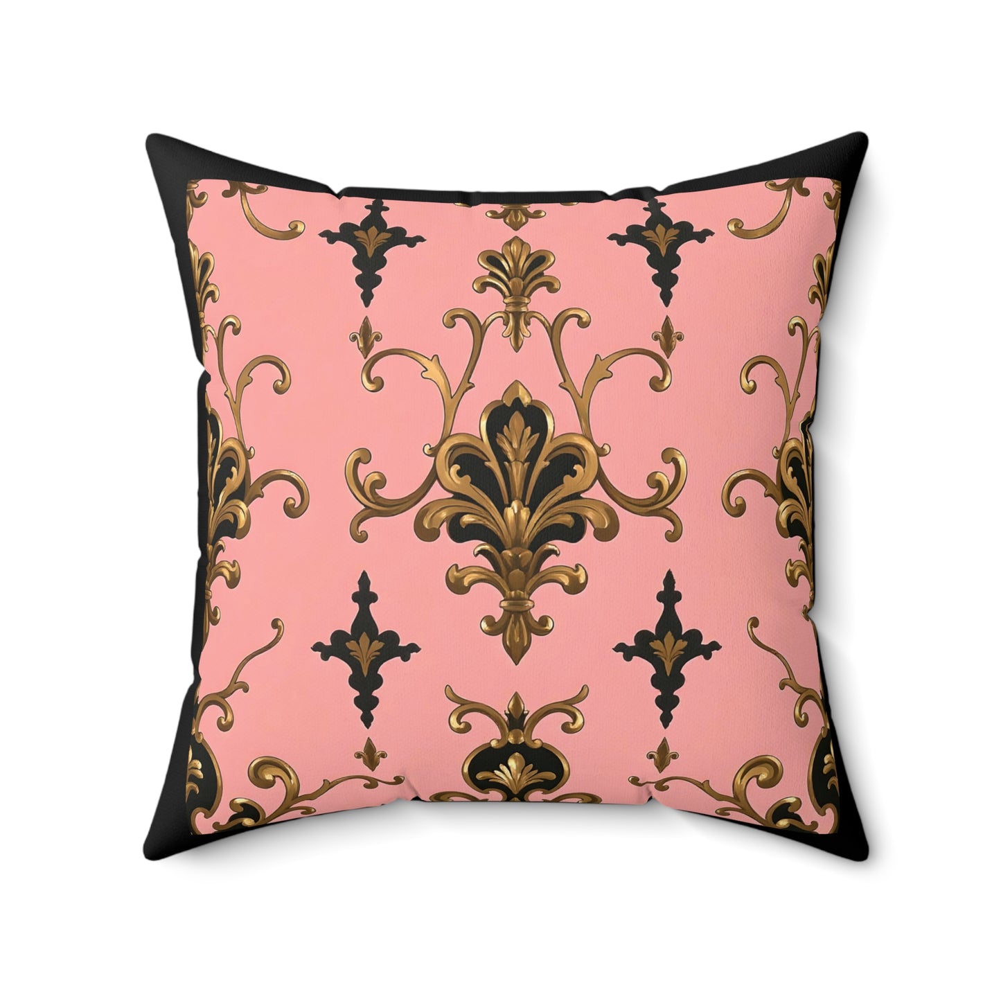 Elegant Faux Suede Pillow with Gold Baroque Design, Decorative Cushion for Home Decor, Throw Pillow - Pink, Black & Gold Rococo