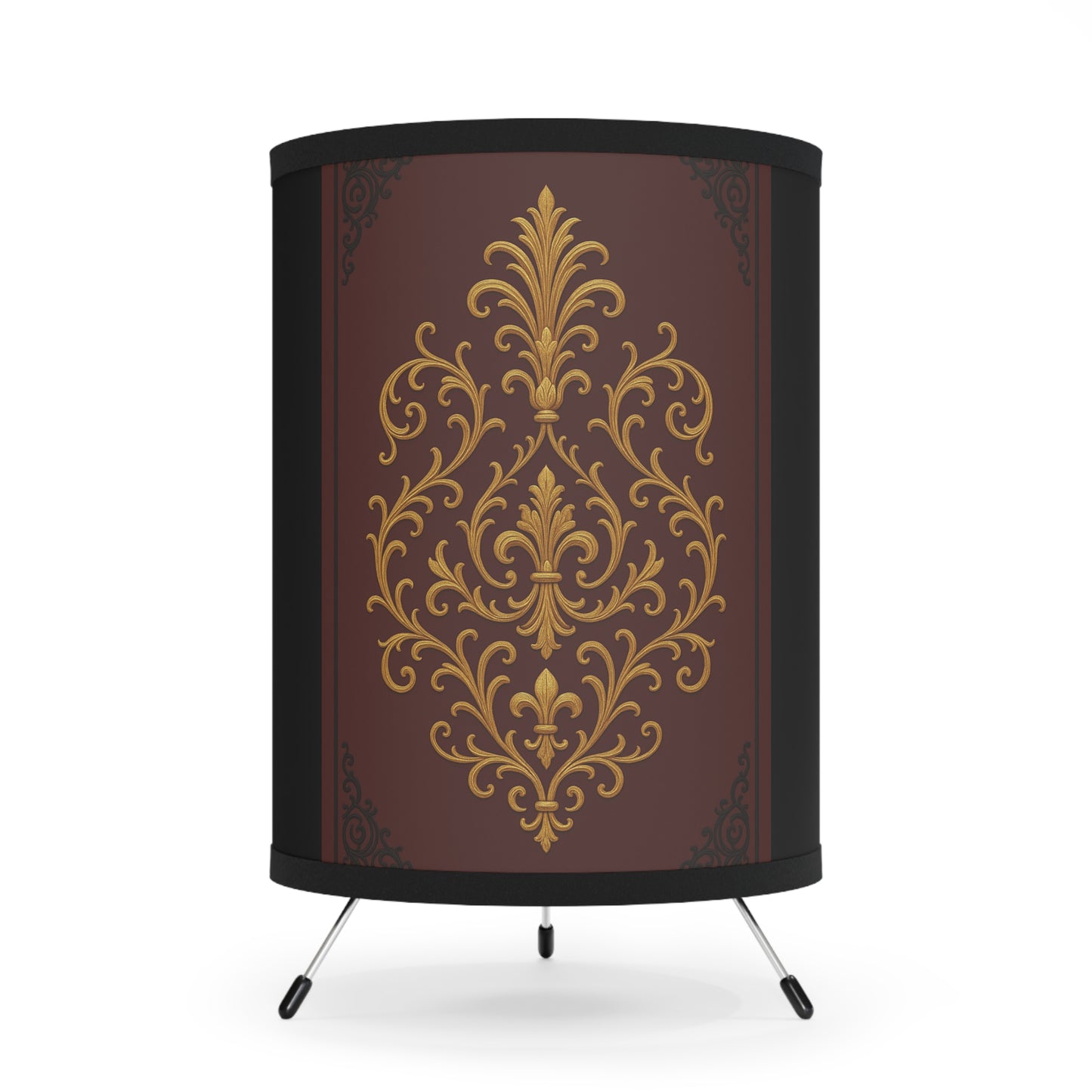 Dusk Burgundy-Black & Gold Baroque Tripod Lamp — Vintage Gold Baroque Printed Shade (US/CA Plug)