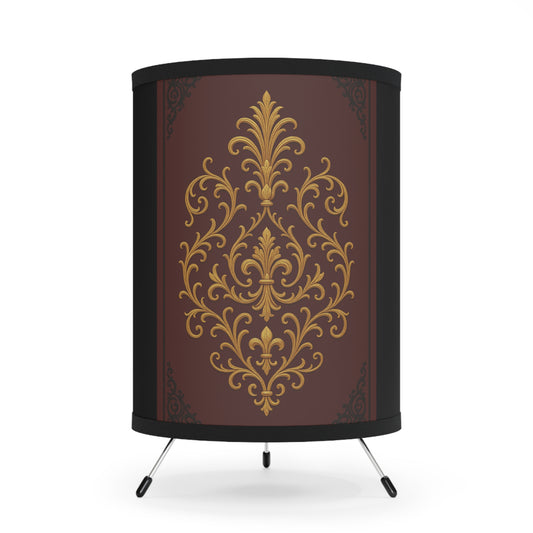 Dusk Burgundy-Black & Gold Baroque Tripod Lamp — Vintage Gold Baroque Printed Shade (US/CA Plug)