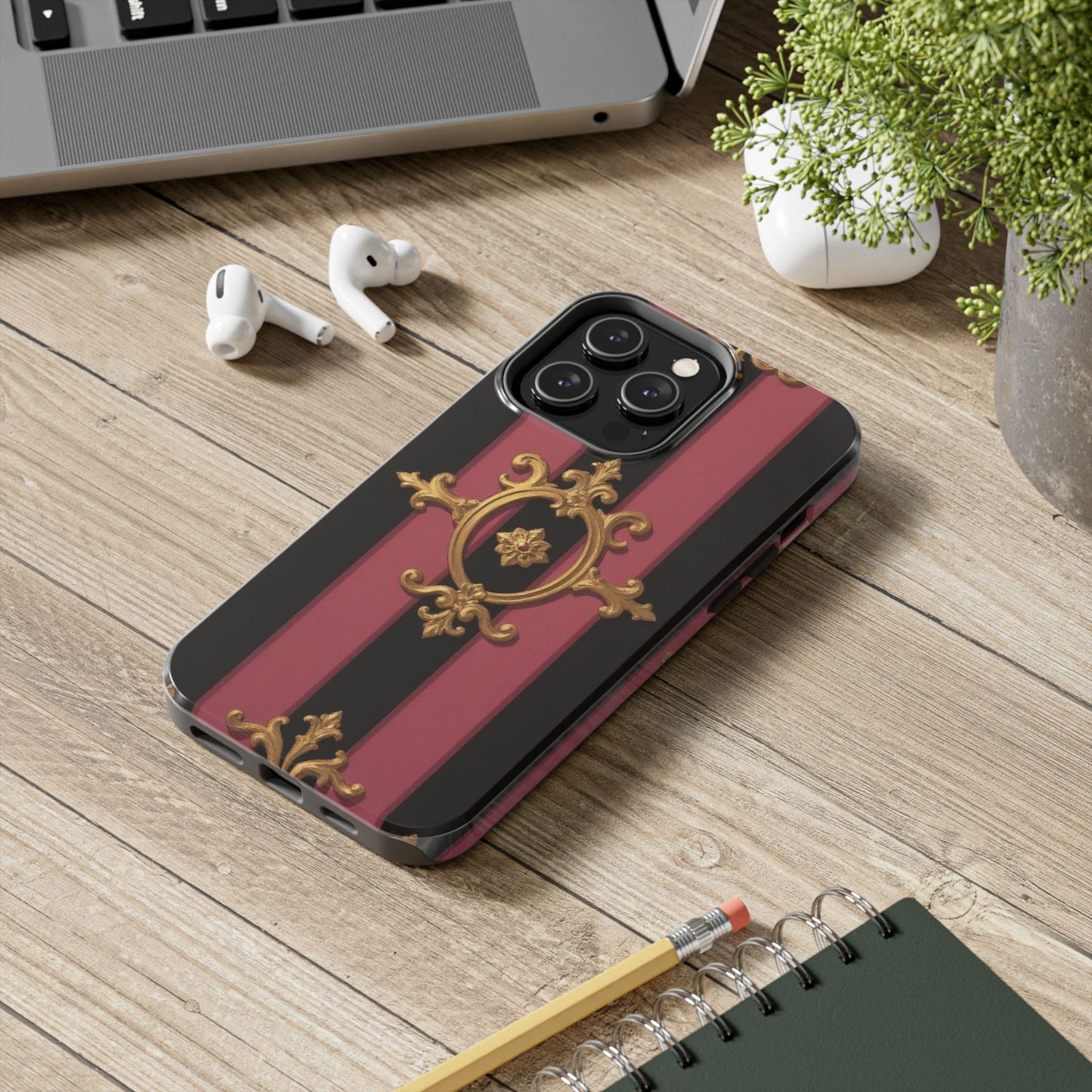 Elegant Black & Mauve Striped Gold Baroque Tough Phone Cases, Luxe Phone Covers, Fashionable Mobile Cases, Gift for Her, Holiday Phone Accessories