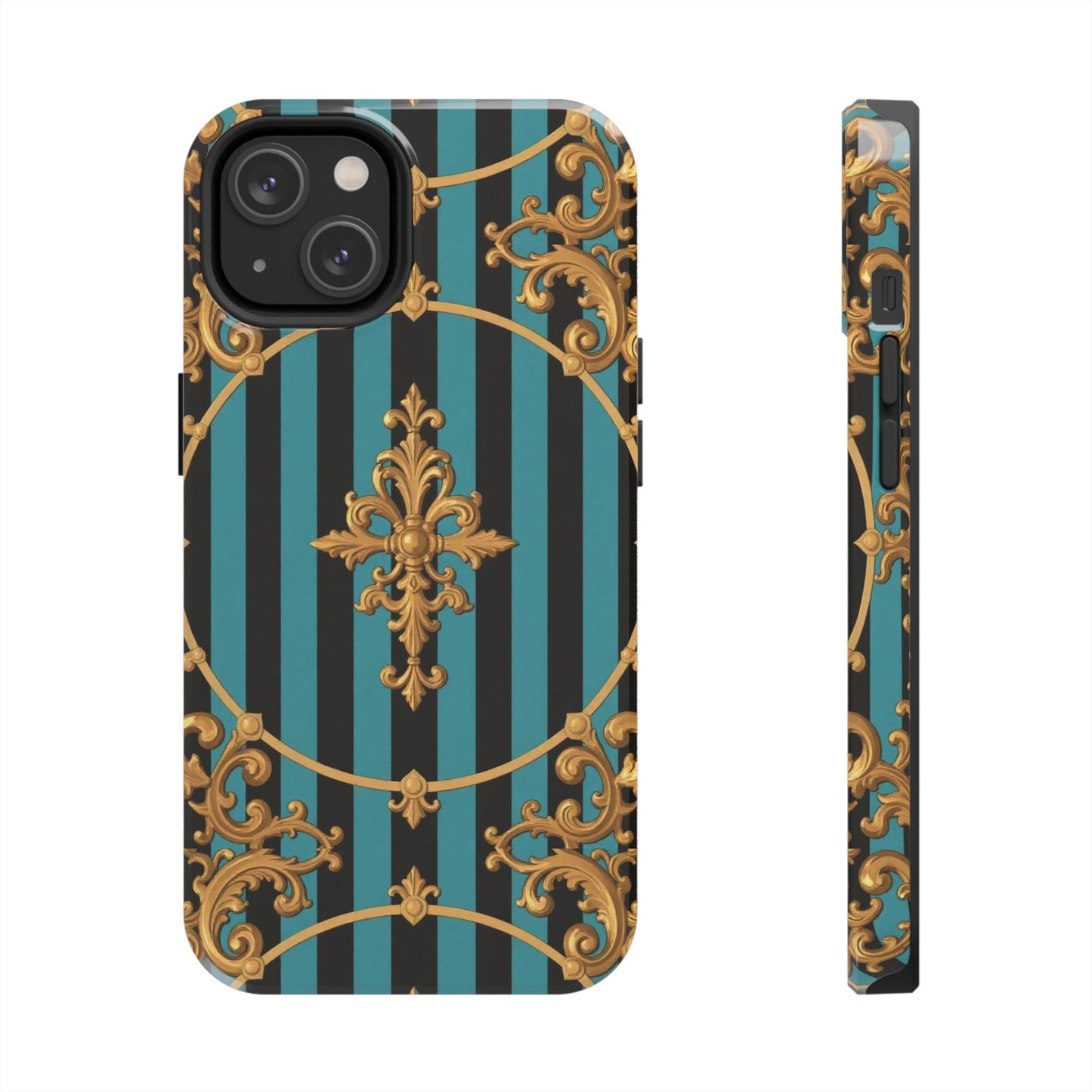 Elegant Turquoise & Black Striped Gold Baroque Phone Case, Tough Phone Cases for Fashion Lovers, Gift for Her, Luxury Accessories