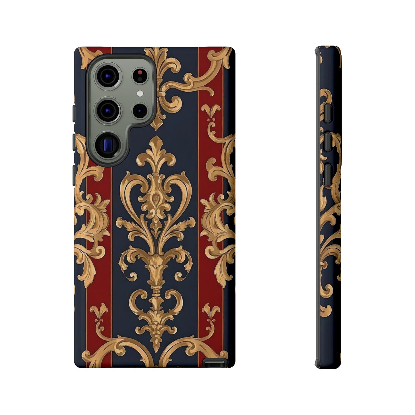 Elegant Floral Motif Phone Case - Tough Cases with Vintage Design - Midnight Blue & Dusk Red Striped Gold Damask