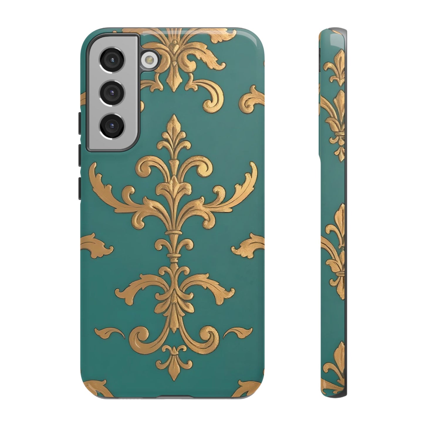 Elegant Floral Motif Phone Case - Tough Cases with Vintage Design - Aqua & Gold Damask