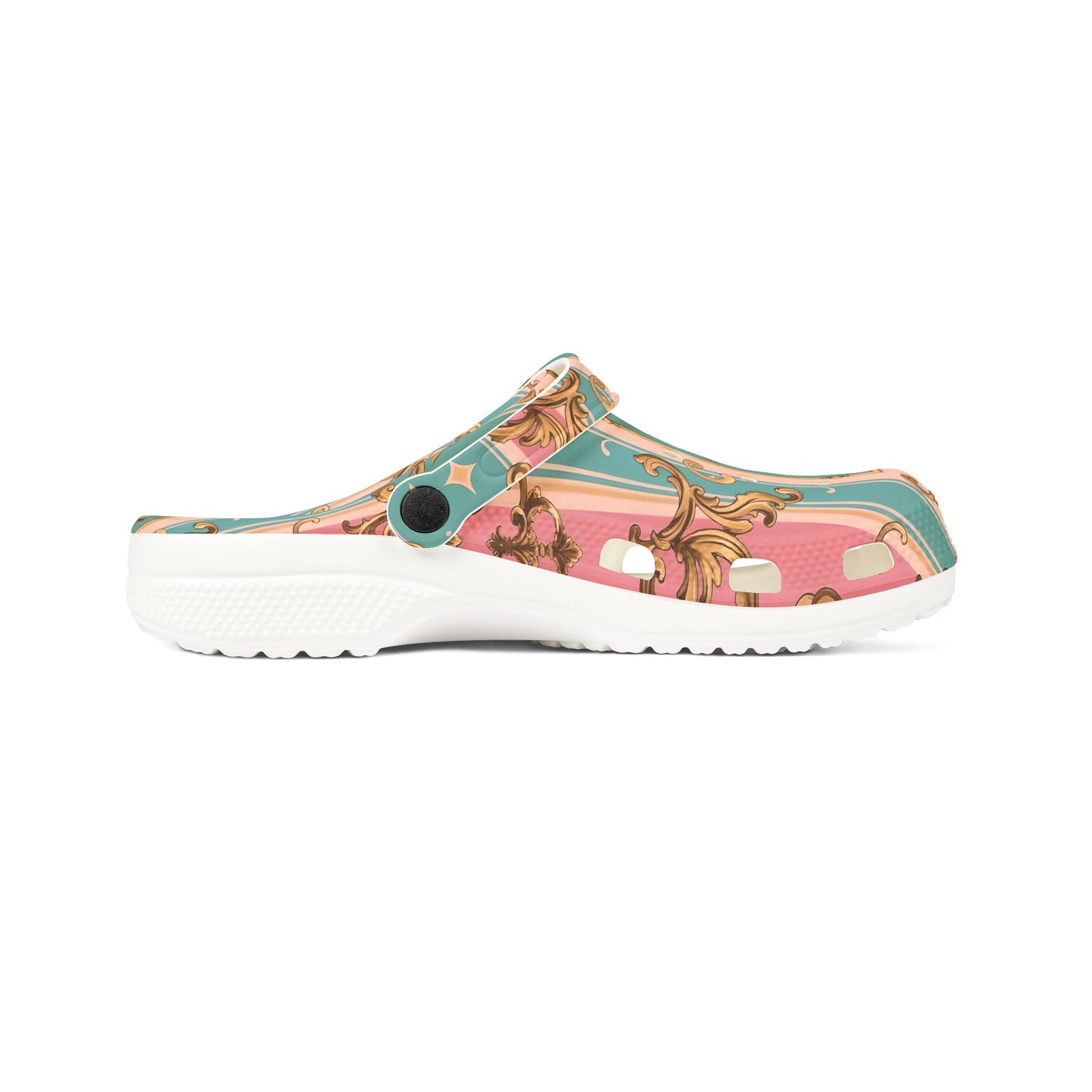 Fashionable AOP EVA Foam Rubber Shoes, Trendy Comfort Footwear, Perfect for Home - Pink & Matte Turquoise Striped Rococo