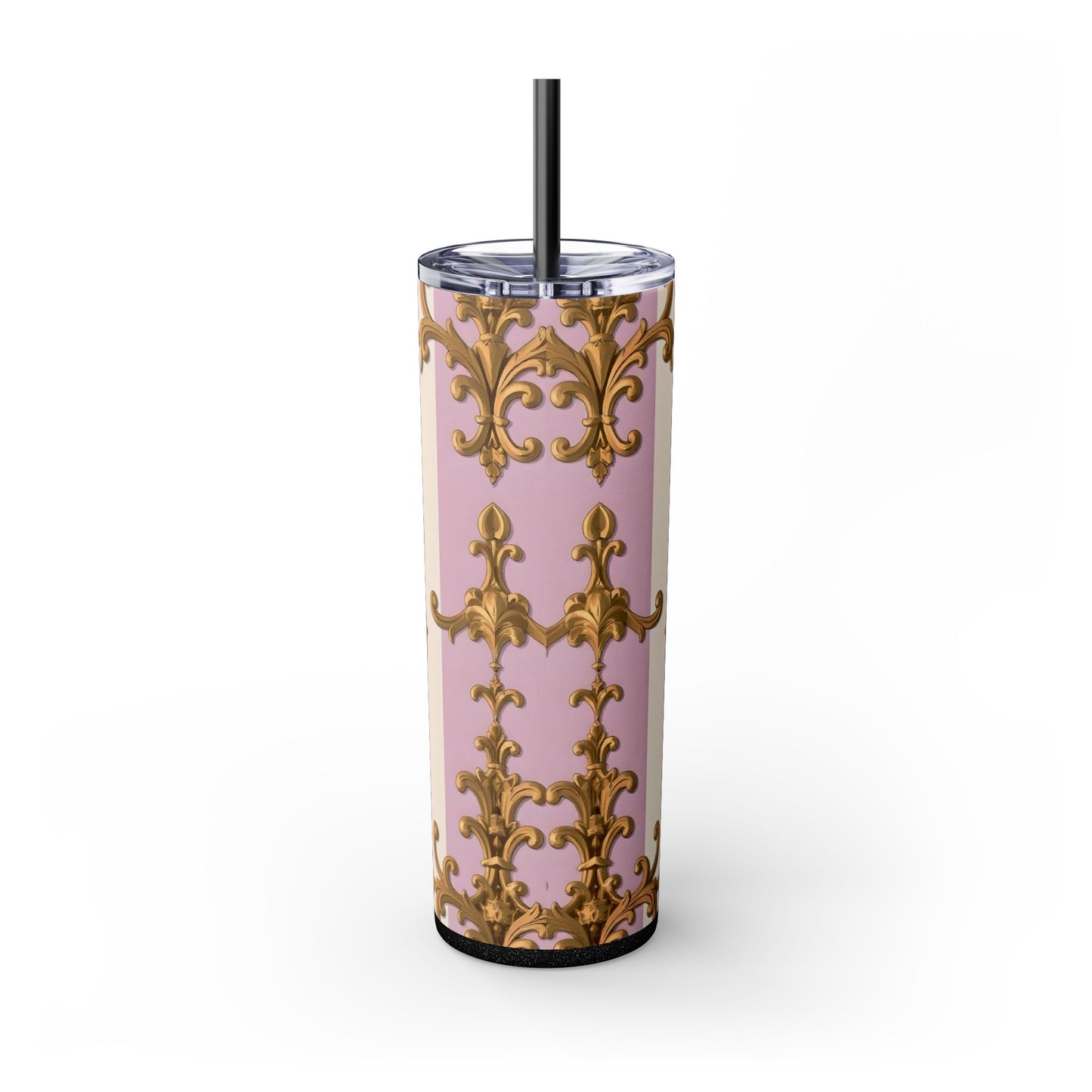 Elegant Pink Tumbler, Gold Patterned Travel Cup, Insulated Drink Holder, Stylish Coffee Tumbler - Lilac & Alabaster Striped Gold Baroque
