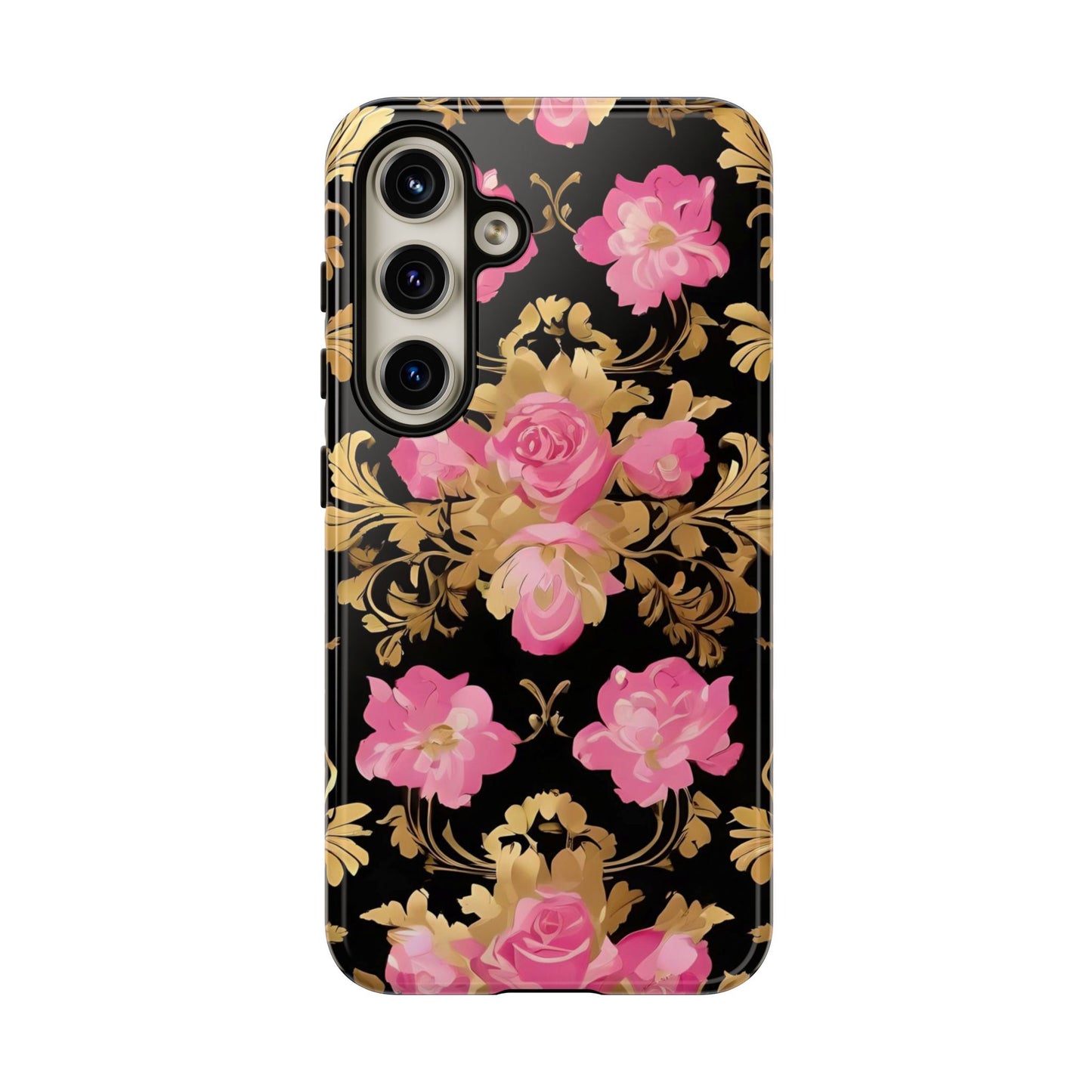 Elegant Floral Motif Phone Case - Tough Cases with Vintage Design - Pink & Gold Roses