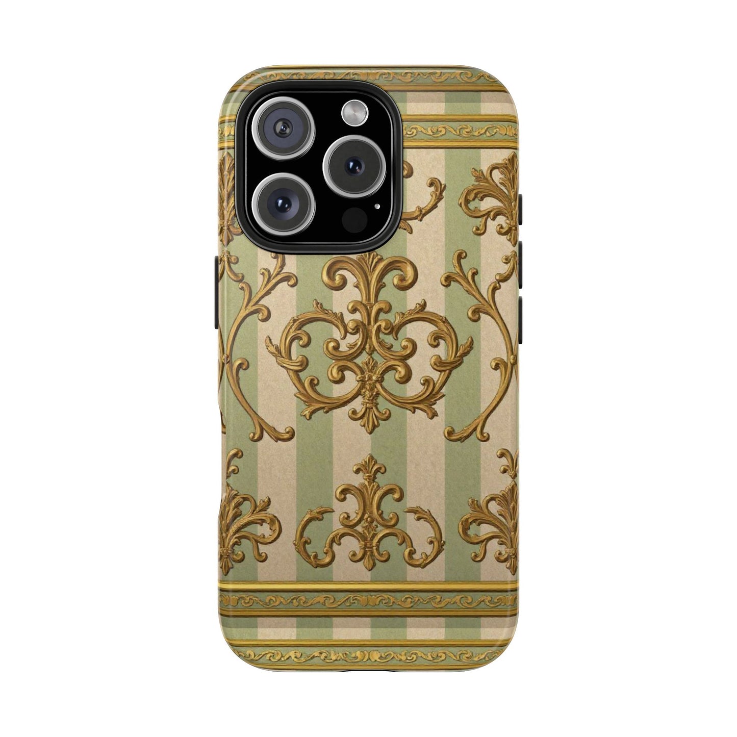 Vintage Elegance Phone Case, Tough Phone Cases for Style, Gift for Birthdays, Stylish Protection - Mint Green & Beige Striped Gold Baroque