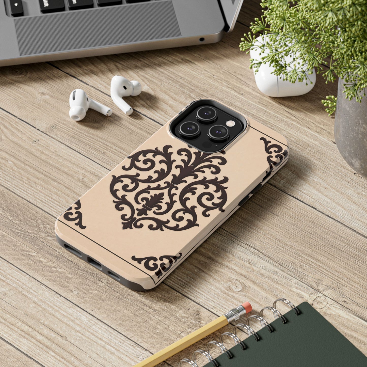 Almond-Beige & Brown Baroque Tough Phone Case — Elegant Beige & Brown Protective Cover