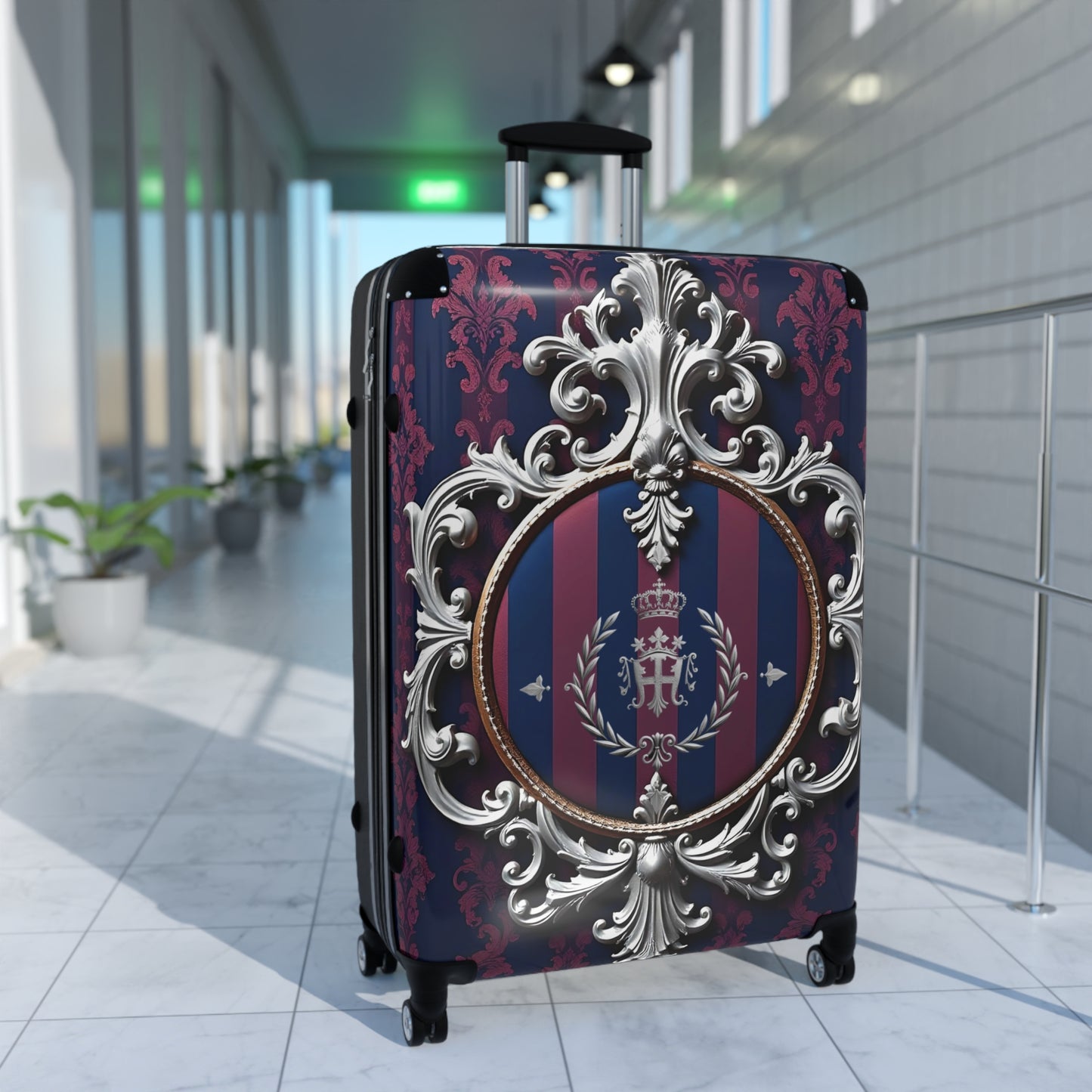 Elegant Suitcase for Travel, Stylish Luggage, Vintage Design Carry-On, Perfect for Adventures, Stylish Getaways - Blue & Plum Striped Silver Crest