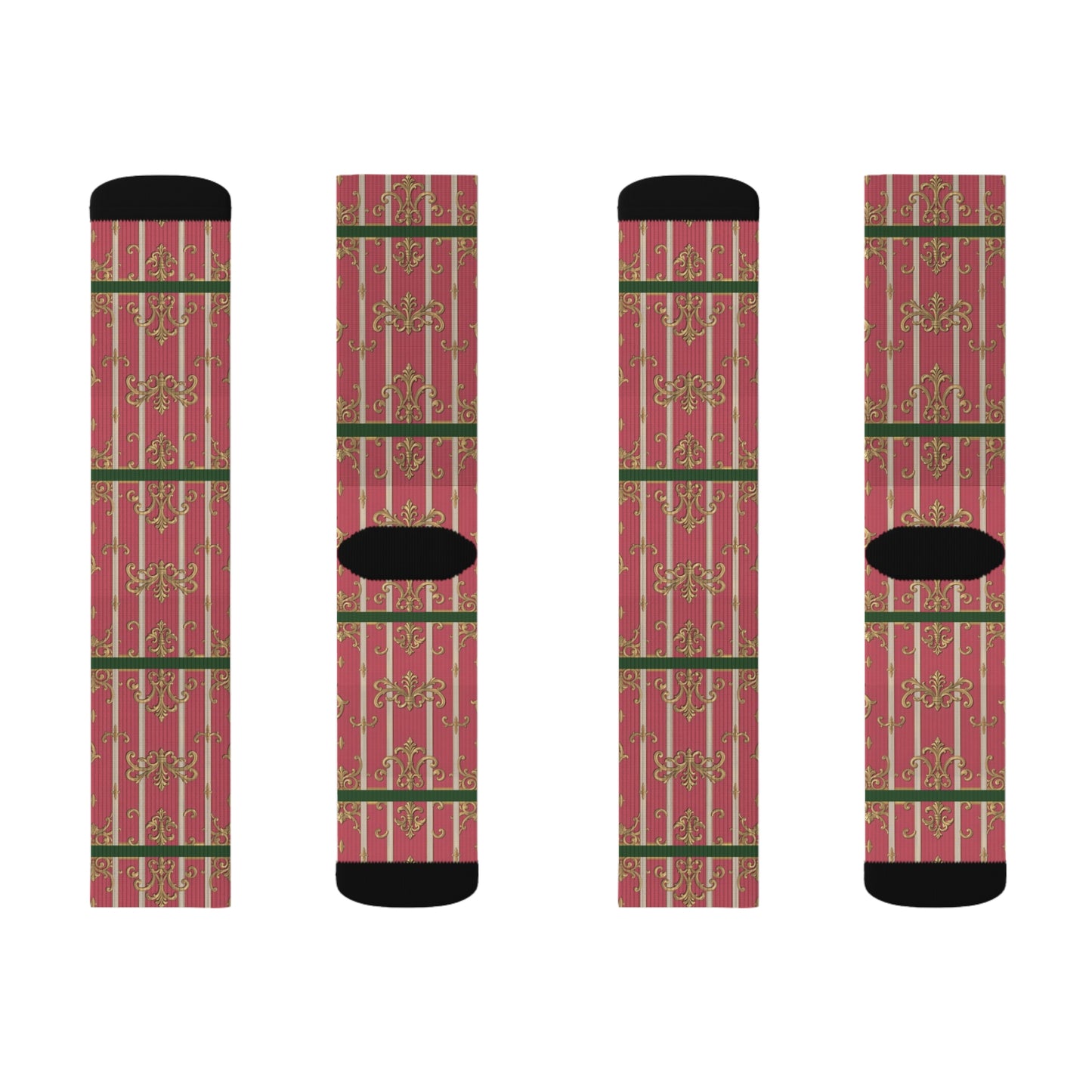 Green Border Pink Striped Baroque Socks, Holiday Gift Socks, Cozy Winter Socks, Christmas Socks, Unique Sublimated Socks