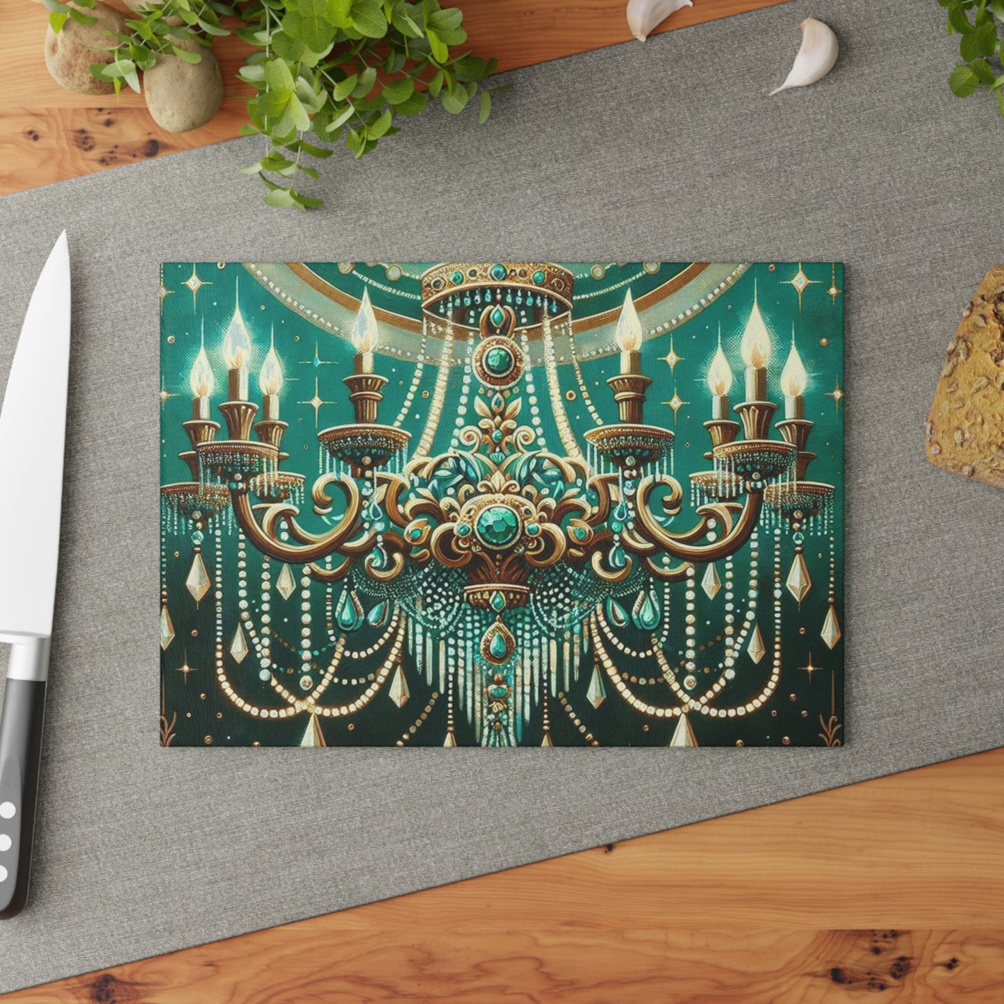 Glass Cutting Board - Green & Gold Jeweled Chandelier