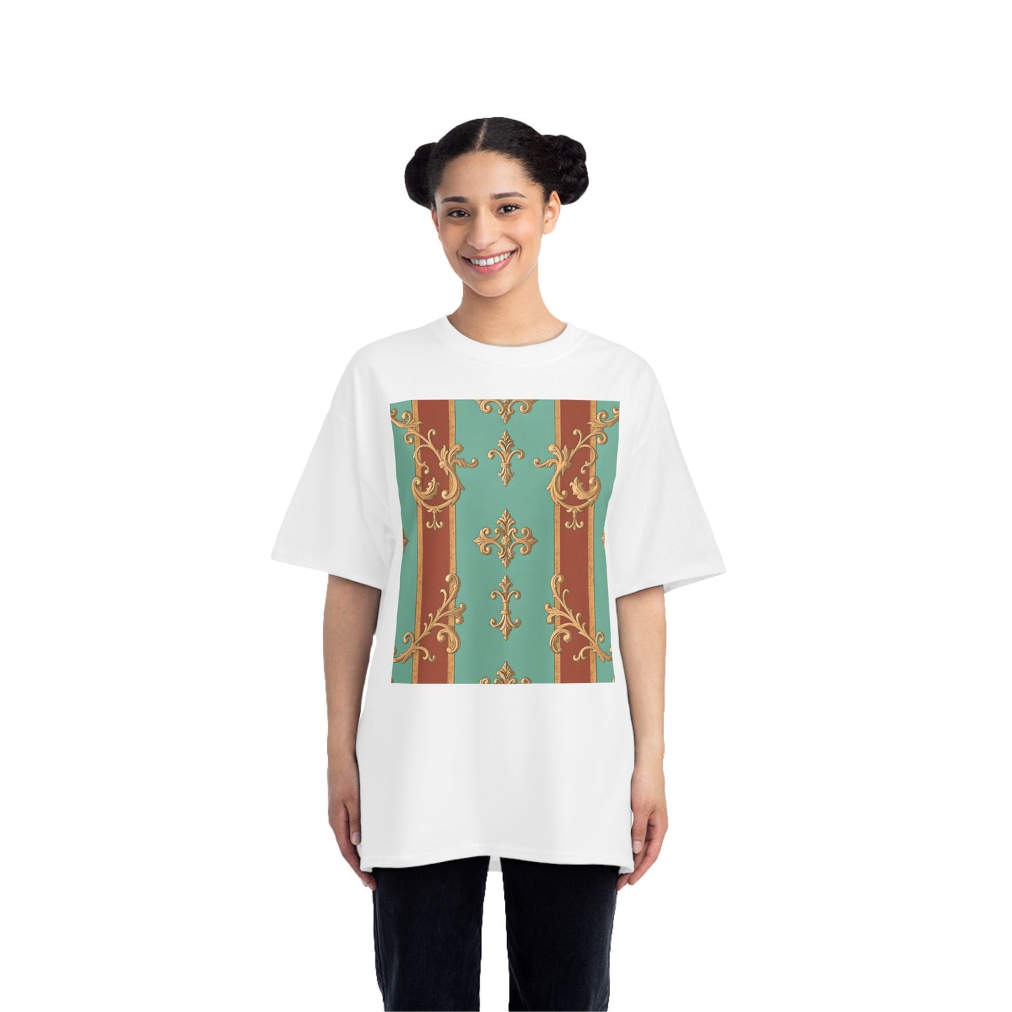 Elegant Vintage Patterned T-Shirt | Vintage Style Tee, Casual Wear, Retro Aesthetic - Rust & Mint Aqua Striped Baroque