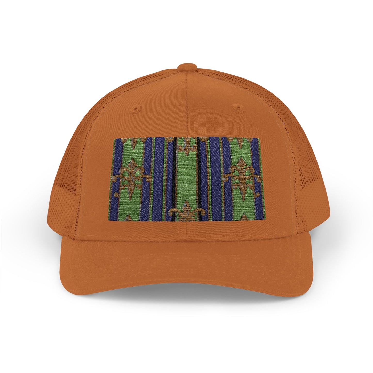 Vibrant Snapback Trucker Cap with Colorful Pattern, Baroque Hat for Festivals, Unisex Cap, Summer Accessory - Green Striped Gold Baroque