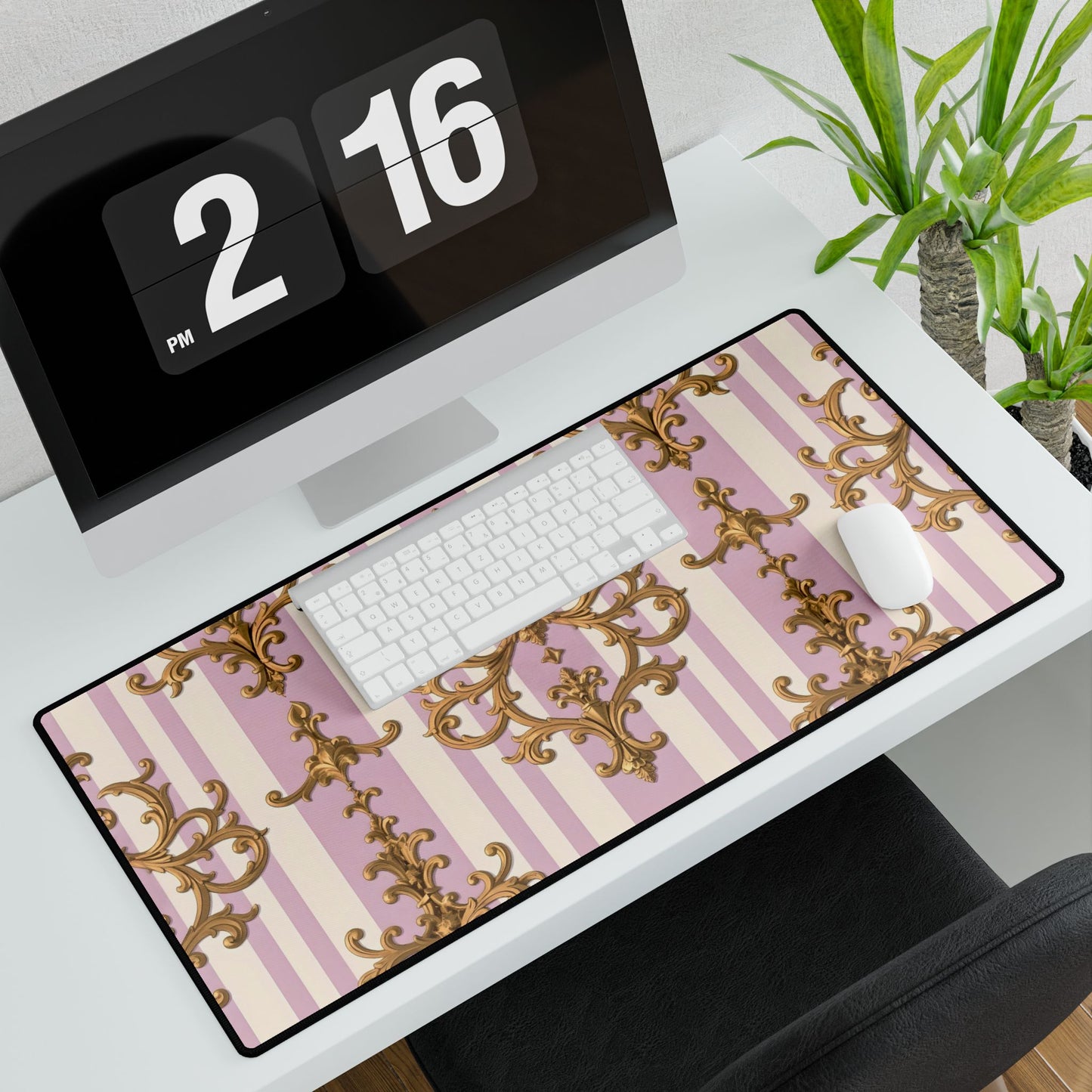 Elegant Decorative Desk Mats for Home Office, Stylish Workspace Accessories, Desk Protectors - Lilac & Alabaster Striped Gold Baroque
