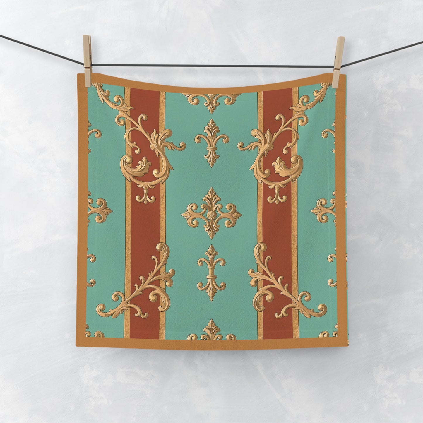 Elegant Floral Face Towel - Luxurious Spa Vibe for Home or Travel - Rust & Mint Aqua Striped Baroque