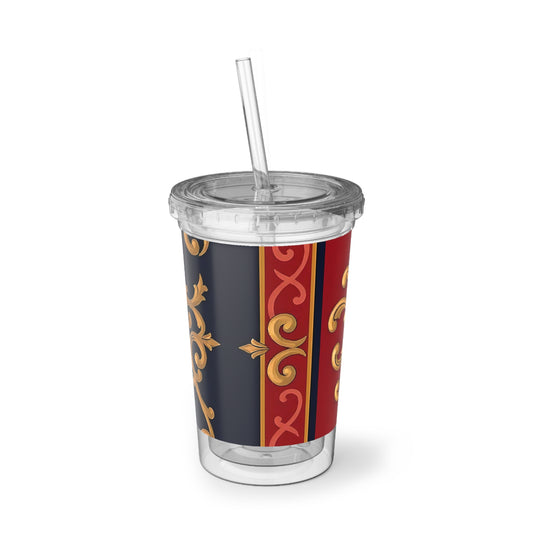 Elegant Acrylic Travel Cup with Gold Floral Design, Personalized Tumbler, Insulated Cup for Hot/Cold Beverages - Midnight Blue & Dusk Red Gold Baroque