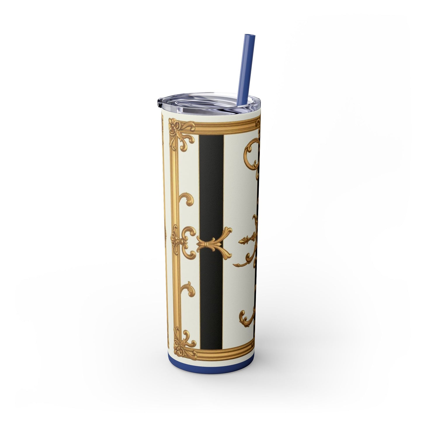 Elegant Gold Accents Skinny Tumbler, 20oz - Stylish Drinkware for Weddings, Parties, Gifts, or Everyday Use - Black & White Striped Gold Baroque