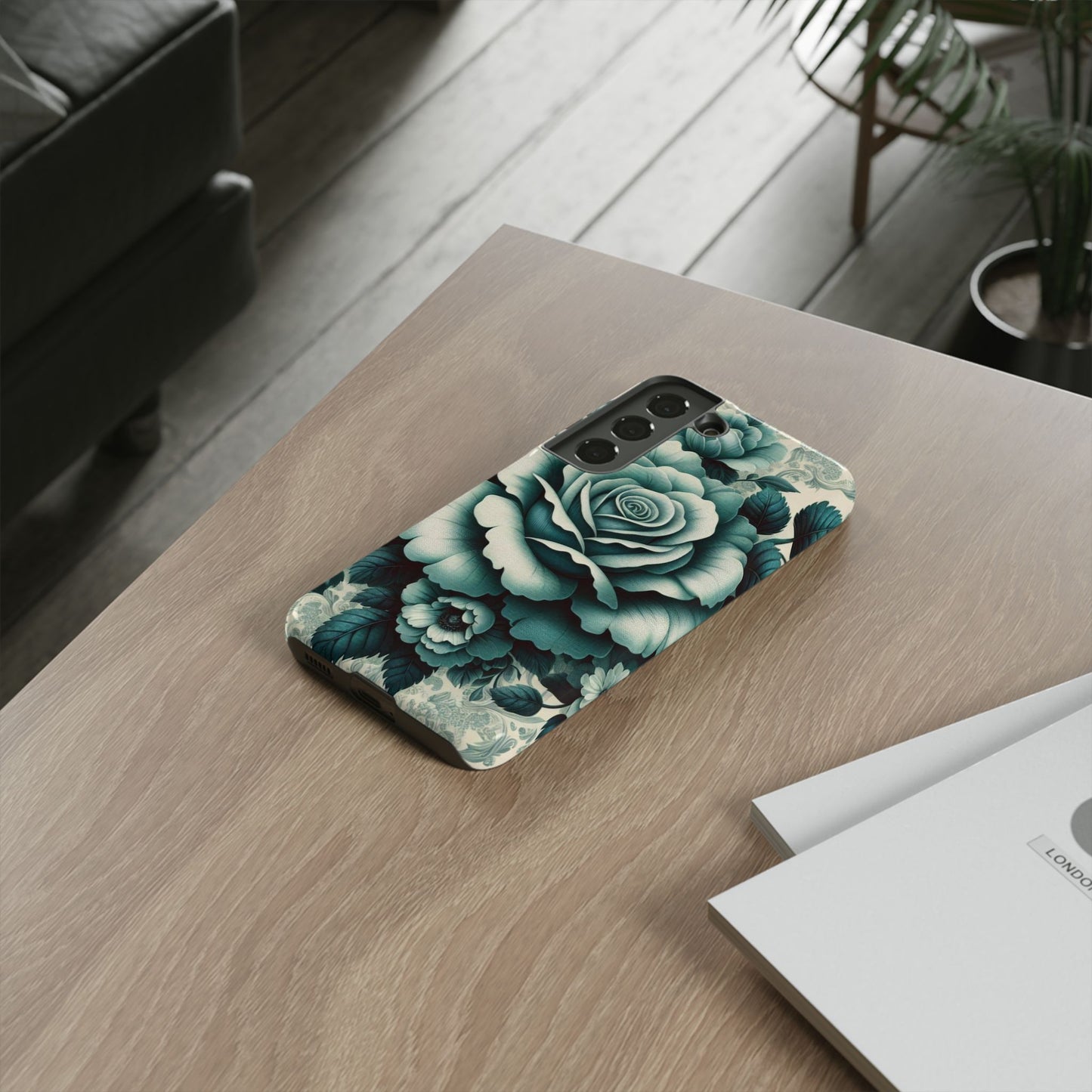 Elegant Floral Motif Phone Case - Tough Cases with Vintage Design - Teal Roses & Damask