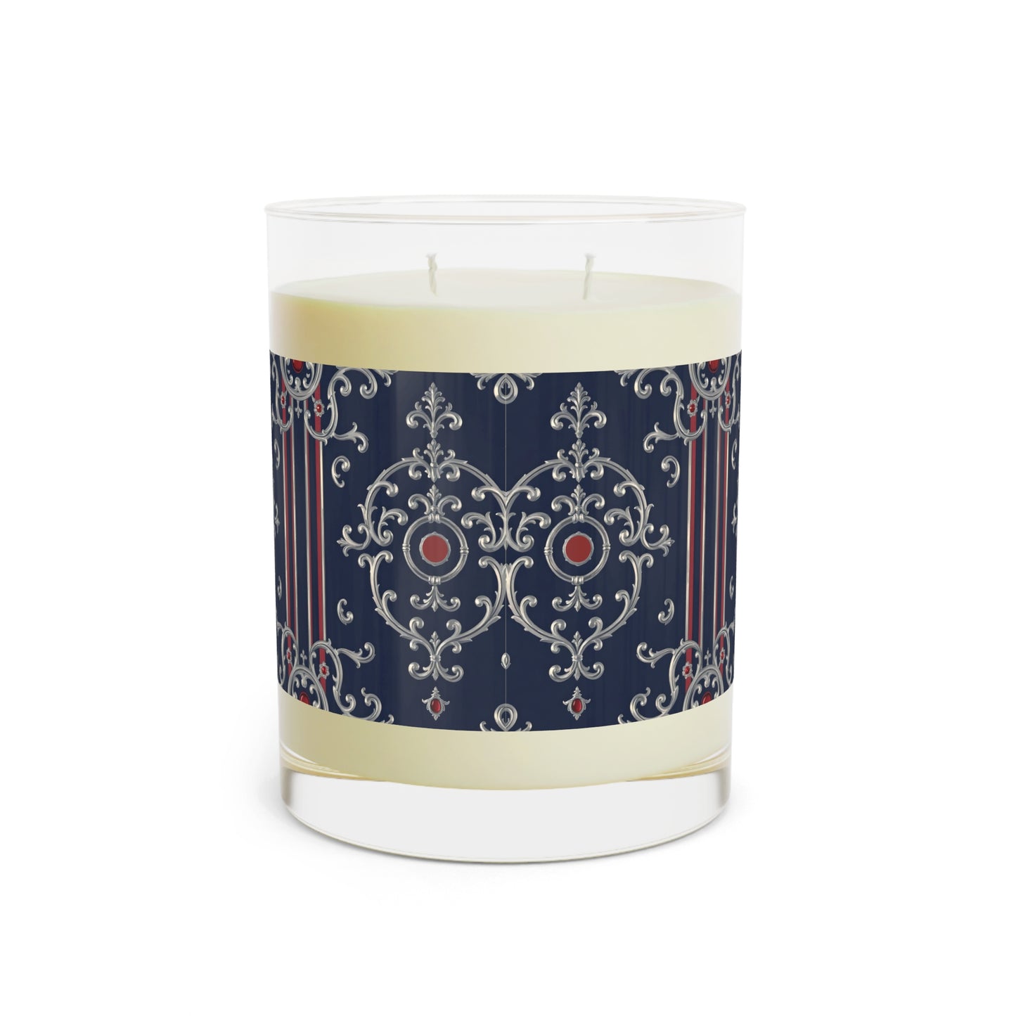 Elegant Aromatic Candle - Home Decor Gift, Relaxing Ambiance, Party Favors, Self-Care Moments - Blue & Red Striped Silver Baroque