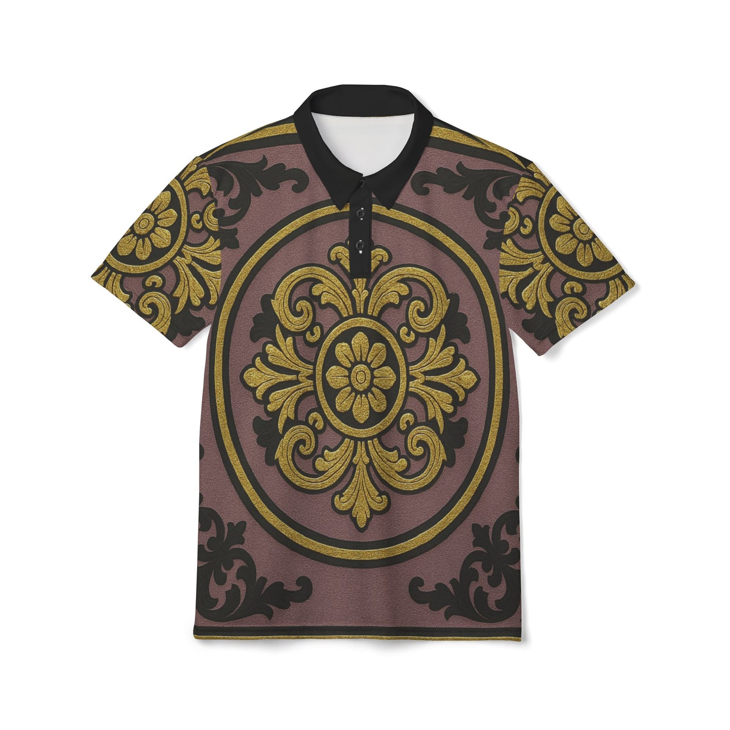 Elegant Gilded Mauve With Gold-Black Baroque Unisex Polo Shirt, Stylish Casual Wear, Perfect for Summer Parties, Birthdays, Weddings