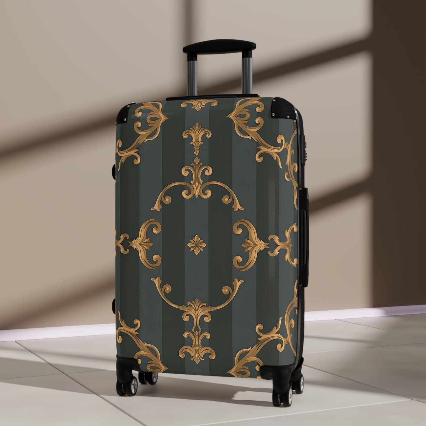 Elegant Vintage Design Suitcase - Travel Accessories, Luggage, Personalized Gift, Vacation Travel - Gray Striped Baroque