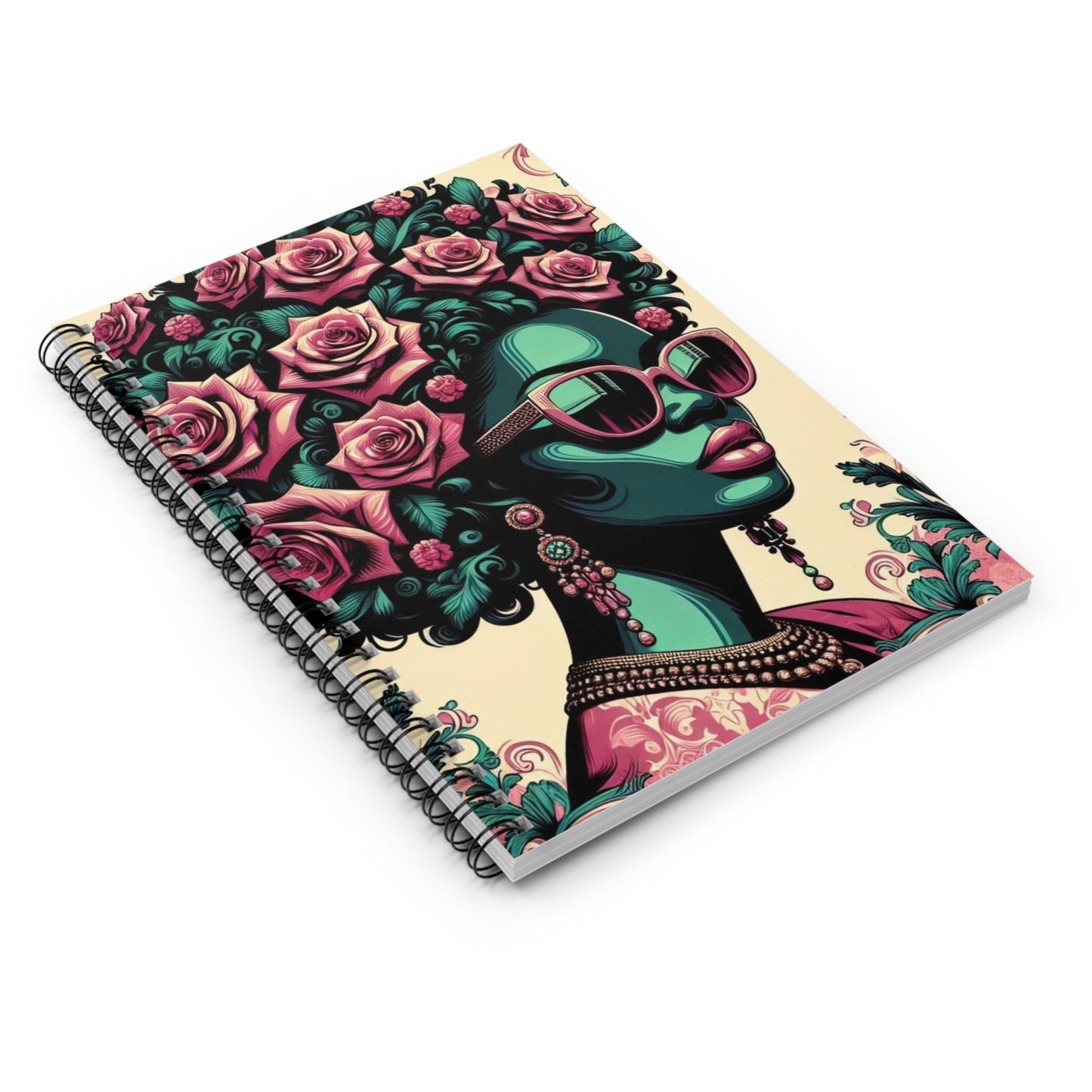 Elegant Vintage Spiral Notebook - Ruled Line with Teal Lady & Damask Design