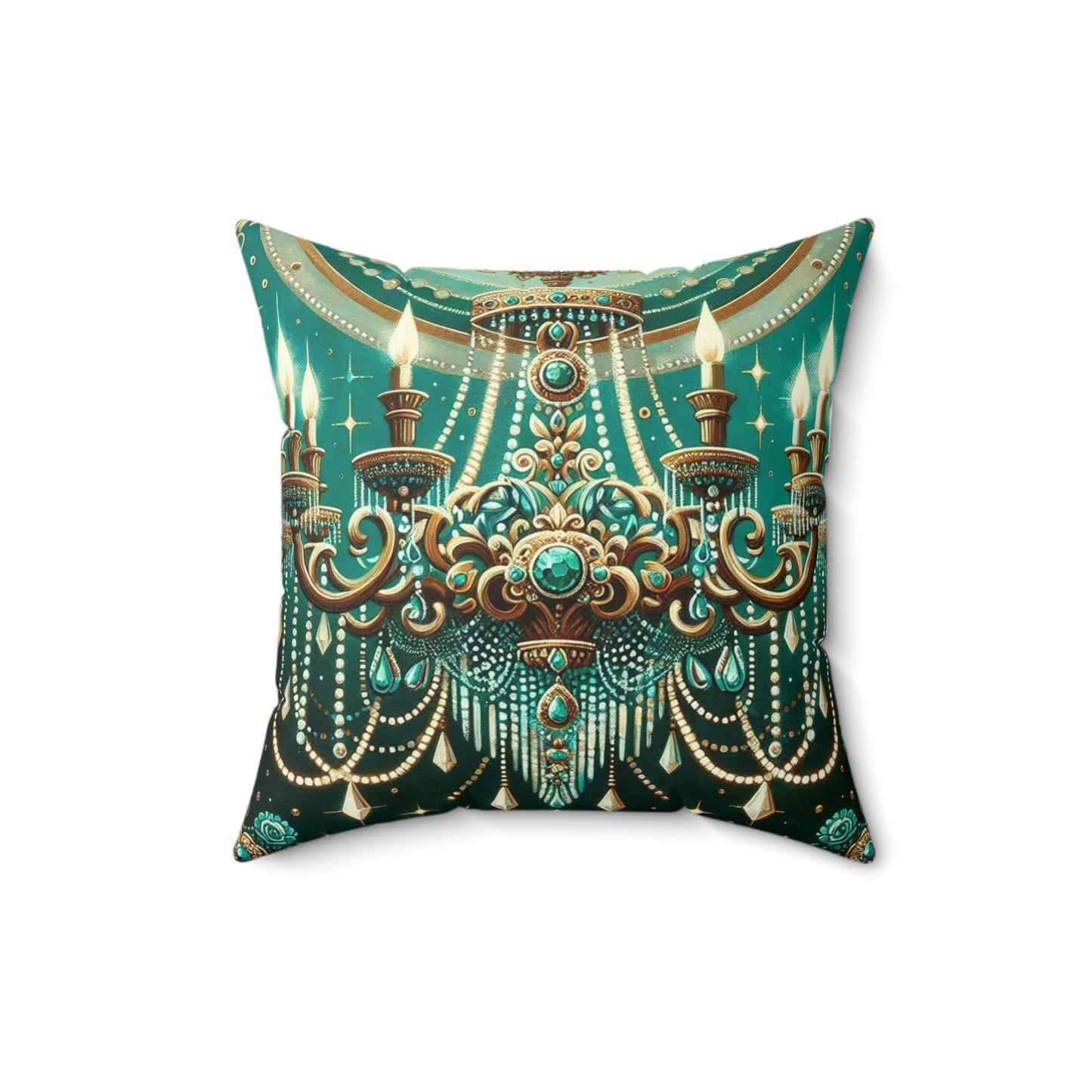 Chandelier Elegance Pillow | Decorative Throw Cushion, Bohemian Home Decor, Luxury Accent Pillow - Green & Gold Jeweled Chandelier