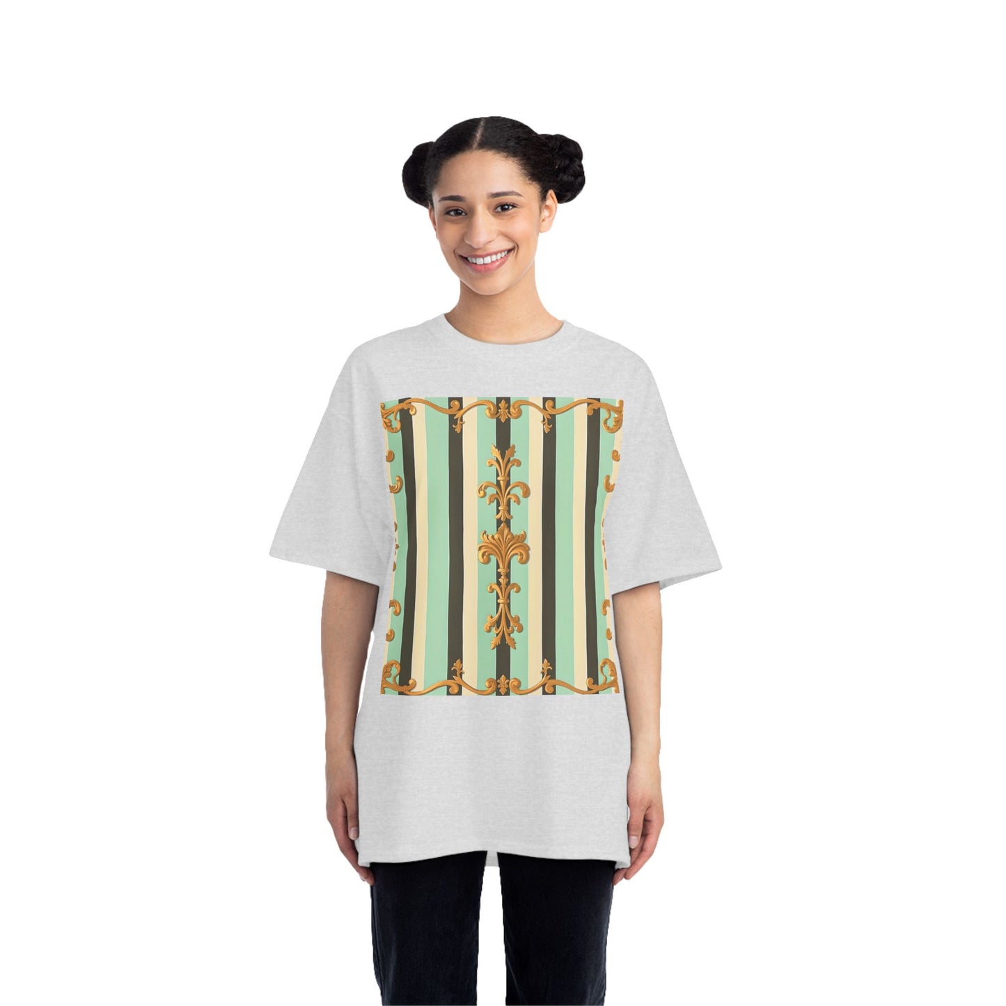 Vintage-Inspired Short-Sleeve T-Shirt, Casual Wear, Graphic Tee, Retro Style, Summer Fashion, Gift for Her - Black & Matte Mint Striped Rococo