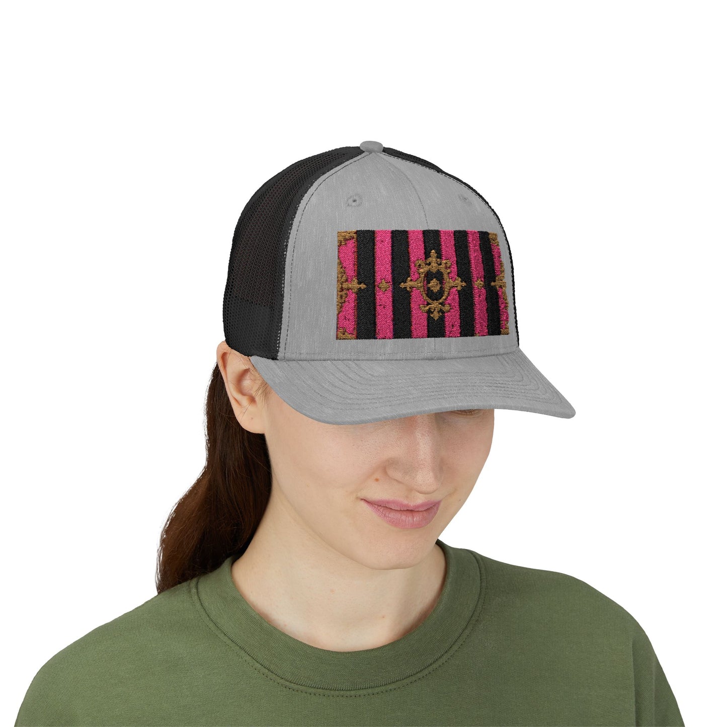 Stylish Snapback Trucker Cap with Black & Mauve Striped Gold Baroque, Trendy Fashion Hat, Perfect Gift for Him/Her