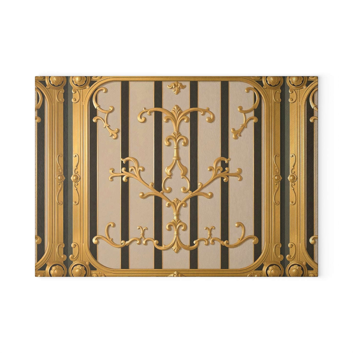 Elegant Decorative Glass Cutting Board | Kitchen Gifts, Home Decor, Wedding Registry, Unique Kitchenware - Beige Striped Gold Rococo