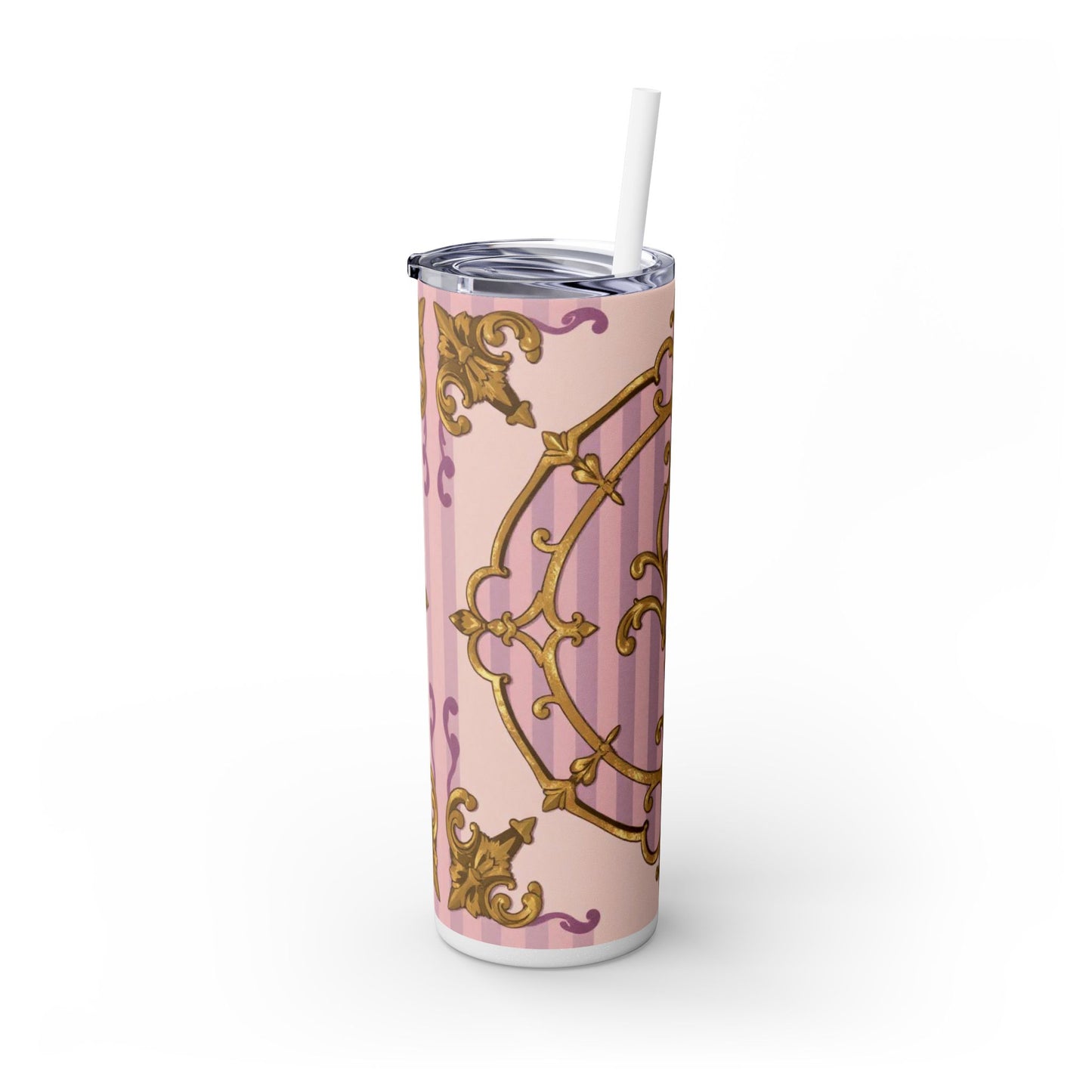 Elegant Lavender & Alabaster Striped Gold Baroque Tumbler - Insulated 20oz Skinny Cup with Straw, Ideal for Gifts, Parties, and Daily Use