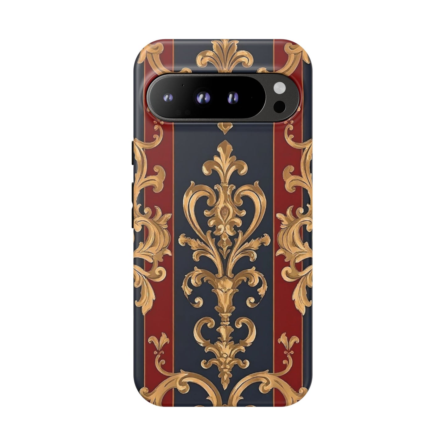 Elegant Floral Motif Phone Case - Tough Cases with Vintage Design - Midnight Blue & Dusk Red Striped Gold Damask