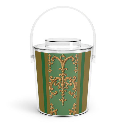 Elegant Vintage Ice Bucket with Tongs, Party Essential, Barware, Home Decor, Wedding Gift, Drink Chiller - Olive Green Striped Rococo