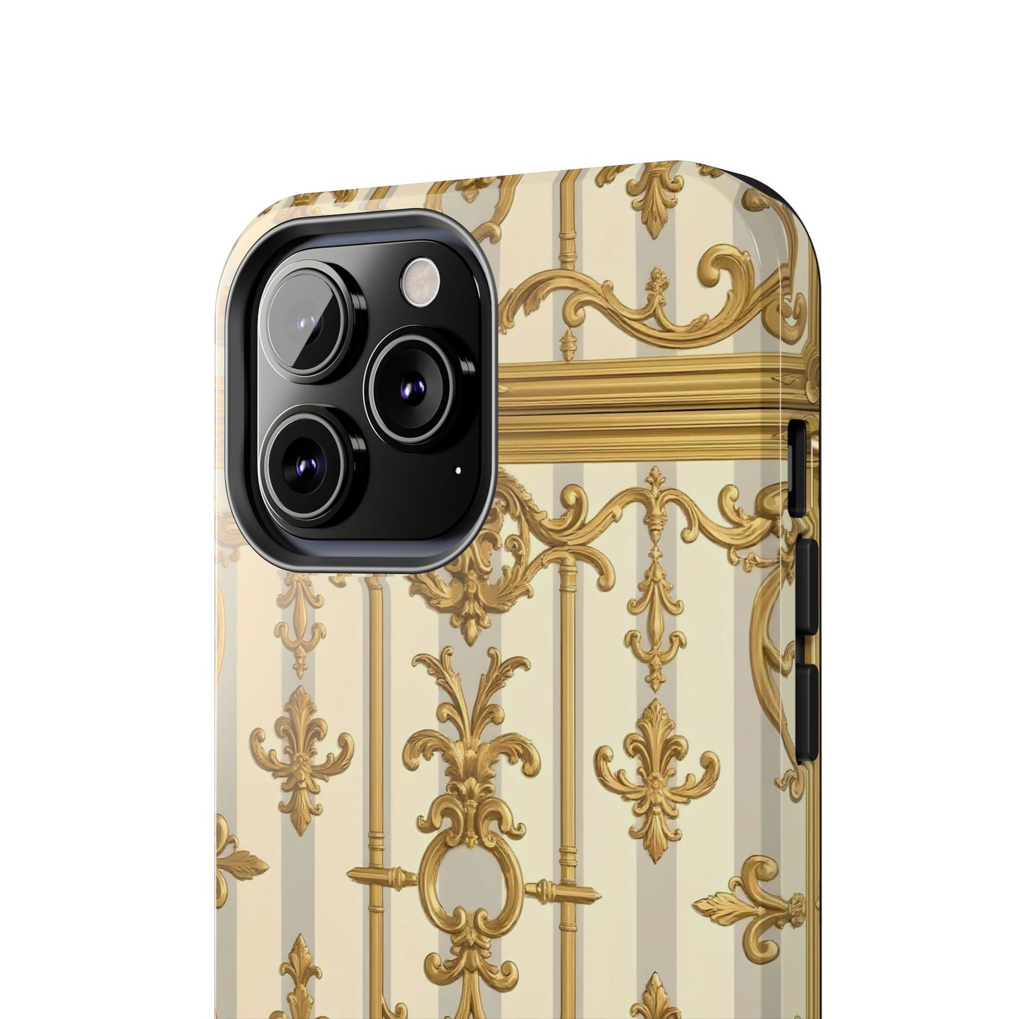 Elegant Gold Pattern Tough Phone Cases | Stylish Phone Covers, Trendy Cell Phone Accessories - Matte Gray & Cream Striped Gold Baroque