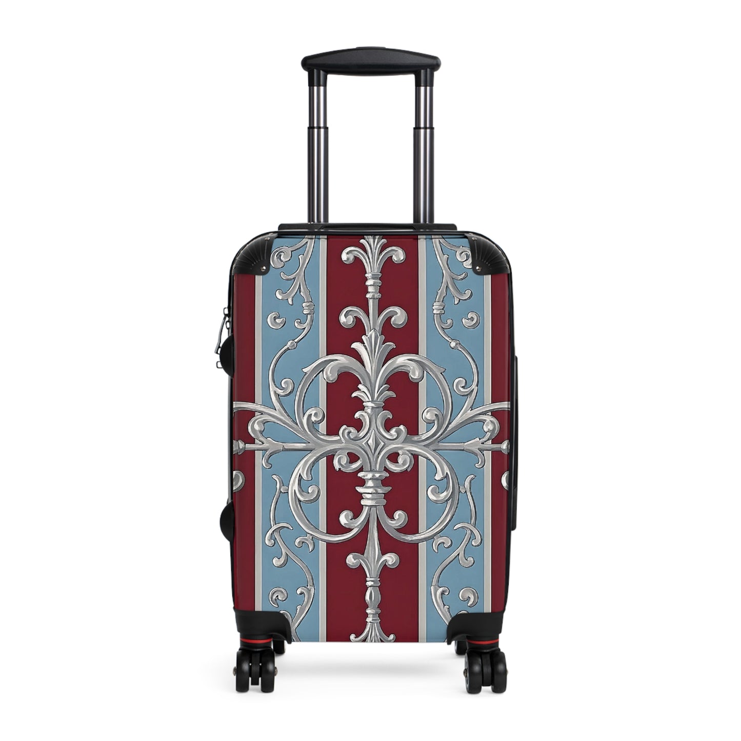 Stylish Travel Suitcase with Elegant Floral Design - Ice Blue & Burgundy Striped Baroque