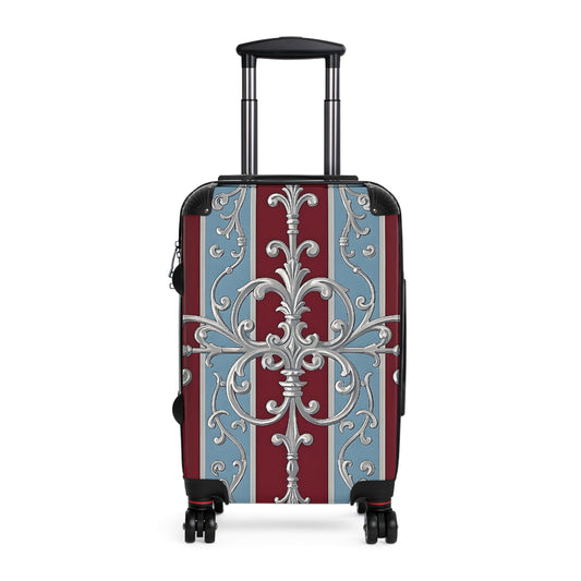 Stylish Travel Suitcase with Elegant Floral Design - Ice Blue & Burgundy Striped Baroque