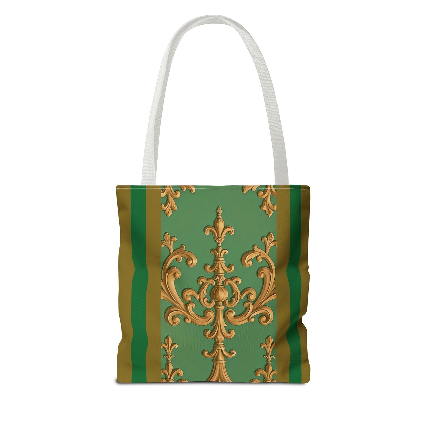 Ornate Floral Tote Bag, Chic Shopping Bag, Fashionable Eco Tote, Stylish Gift for Her, Versatile Everyday Use - Olive Green Striped Rococo