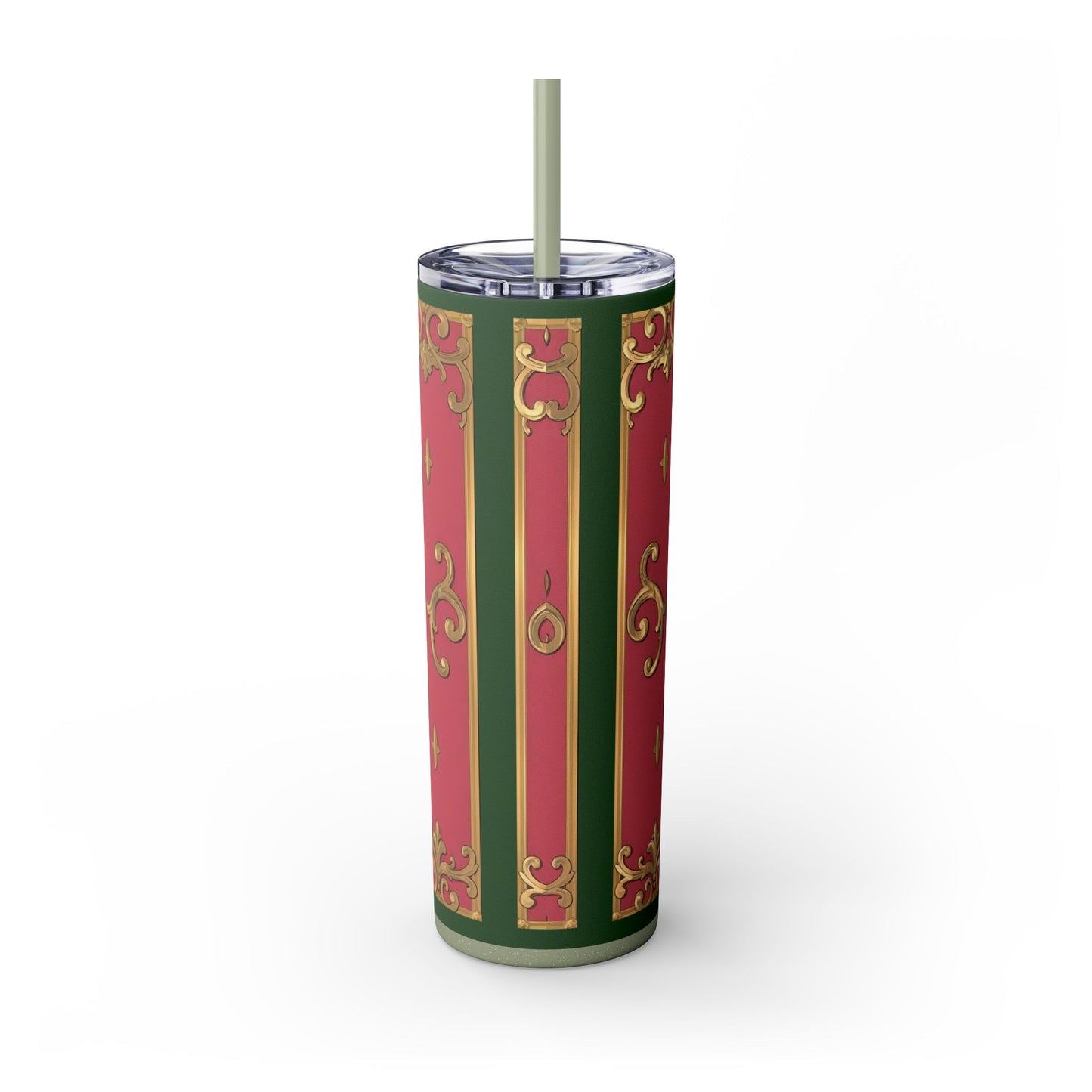 Elegant Green Border Pink Striped Baroque Skinny Tumbler with Straw, Reusable Travel Mug, Gift for Her, Fashionable Drinkware