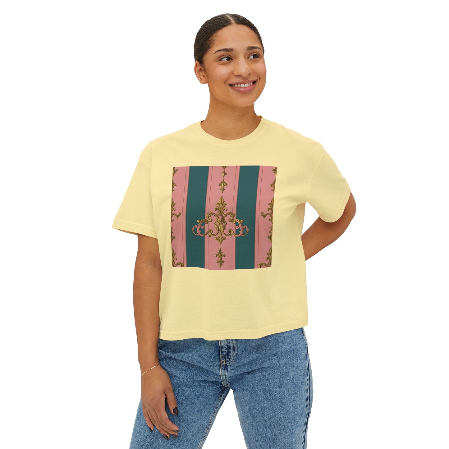Chic Women's Boxy Tee with Elegant Floral Design, Casual Wear, Summer Fashion, Gifts for Her, Stylish Tee - Pink & Teal Striped Gold Baroque