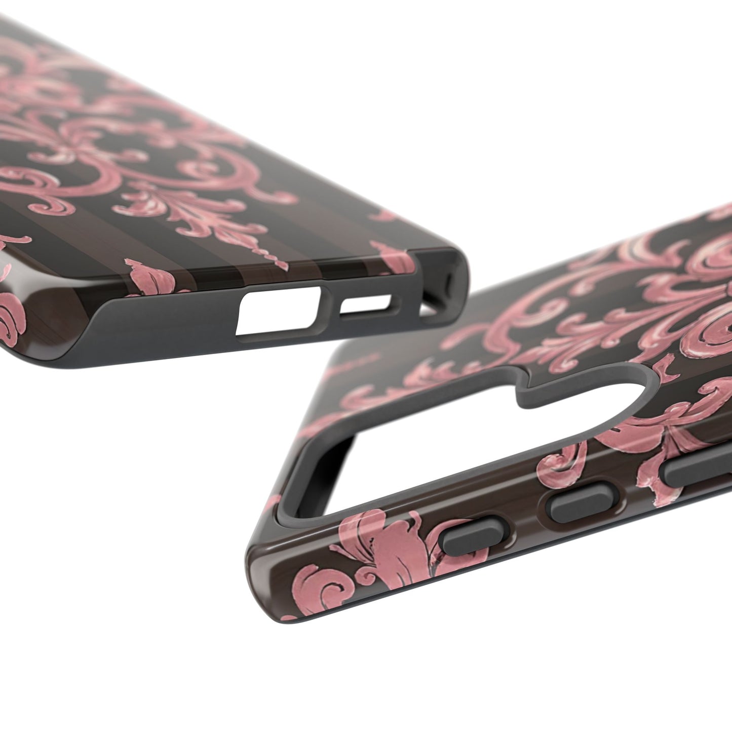 Elegant Floral Motif Phone Case - Tough Cases with Vintage Design - Brown Striped Mauve Damask