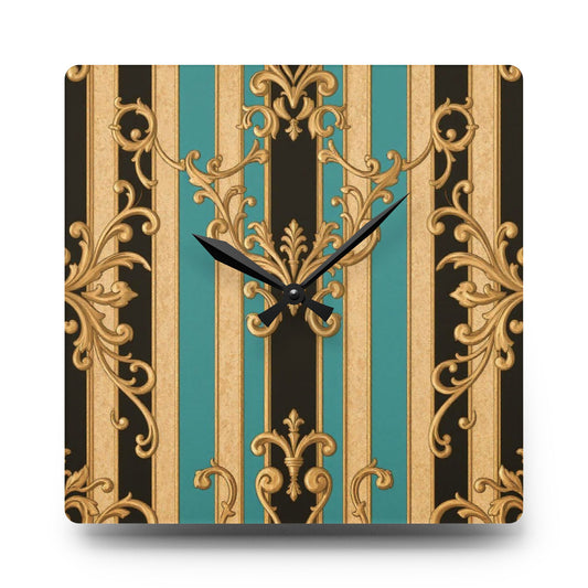 Elegant Black, Tan & Ocean Green Striped Gold Baroque Vintage Acrylic Wall Clock, Home Decor, Decorative Wall Art, Gift for Her