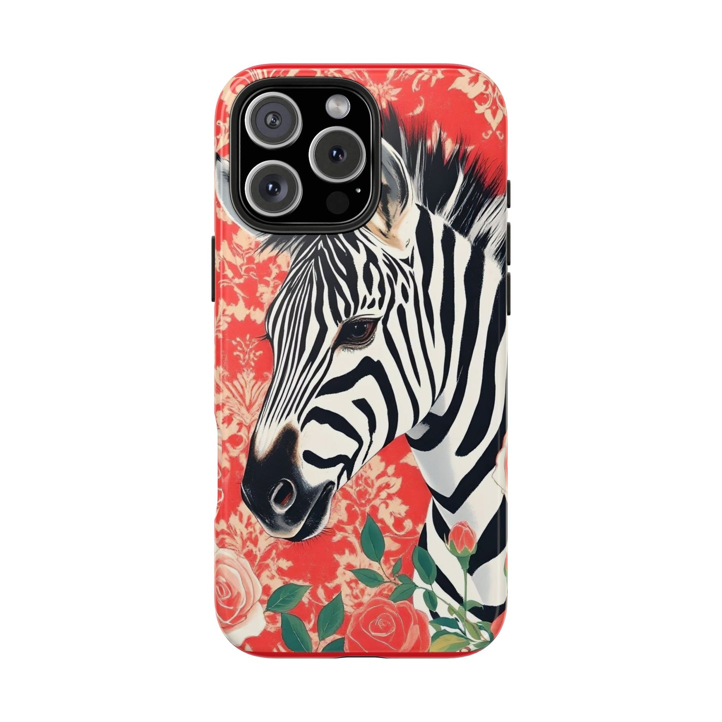 Zebra Tough Phone Case - Trendy Floral Design for Animal Lovers - Zebra With Coral Roses & Damask