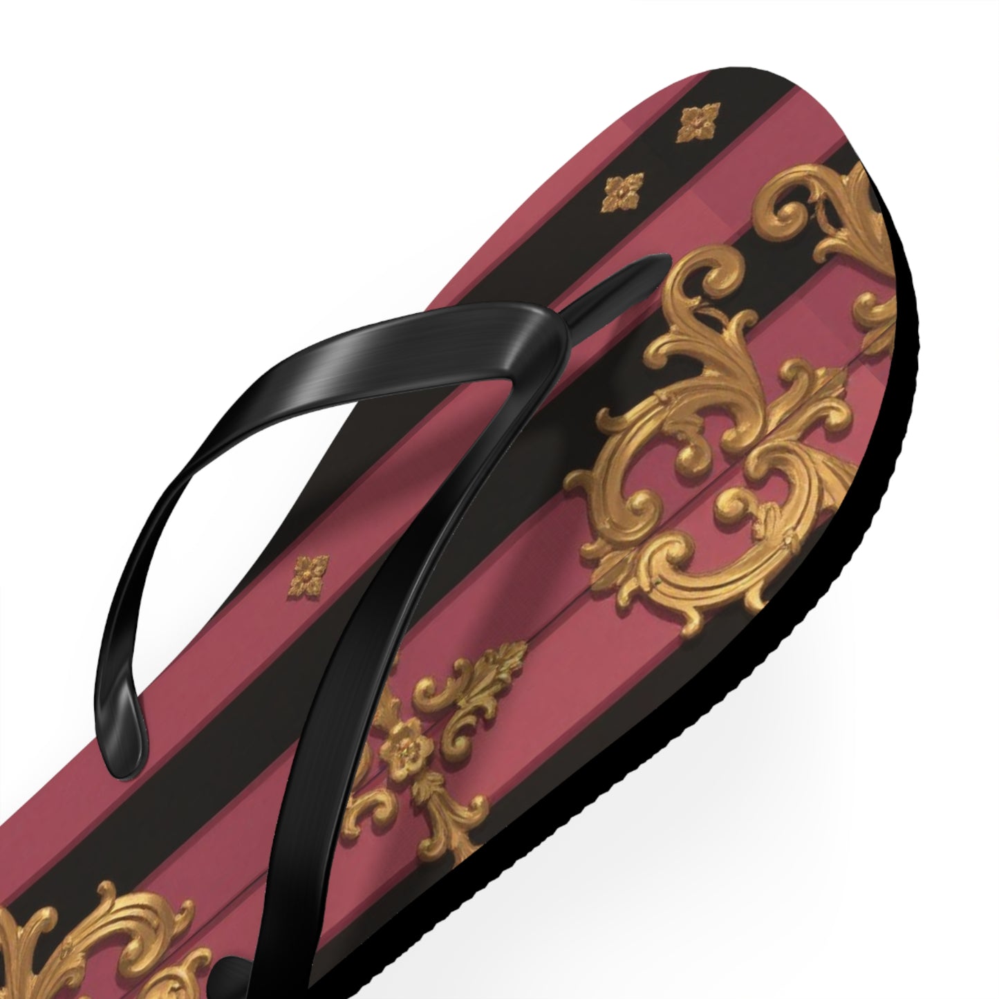 Elegant Black & Mauve Striped Gold Baroque Flip Flops, Chic Footwear for Summer, Pool Parties, Beach Days, Vacation Essentials